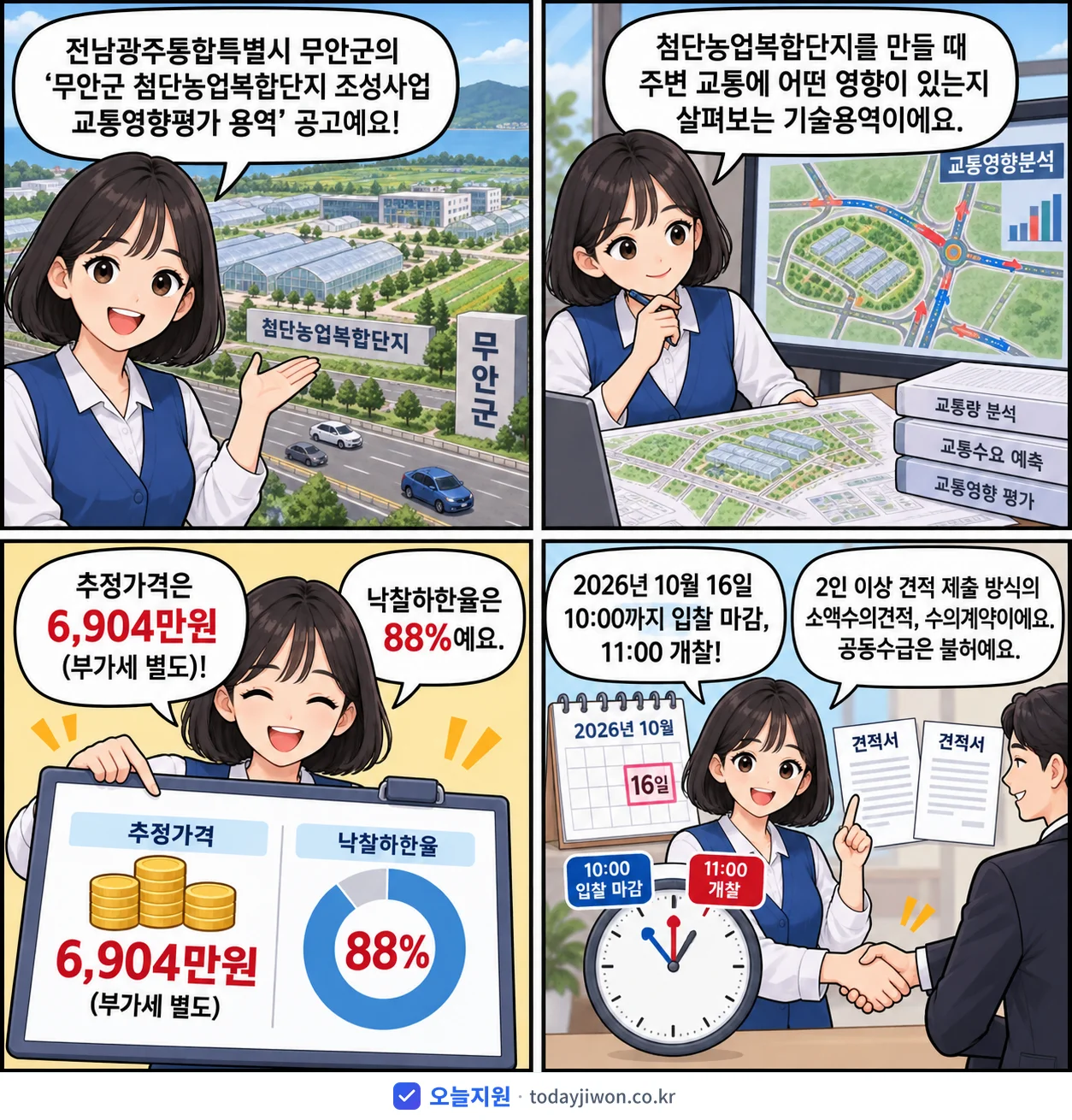 4컷 만화로 보는 공고: 전남광주통합특별시 무안군 '무안군 첨단농업복합단지 조성사업 교통영향평가 용역', 추정가격 6,904만원, 입찰 마감 10/16 10:00