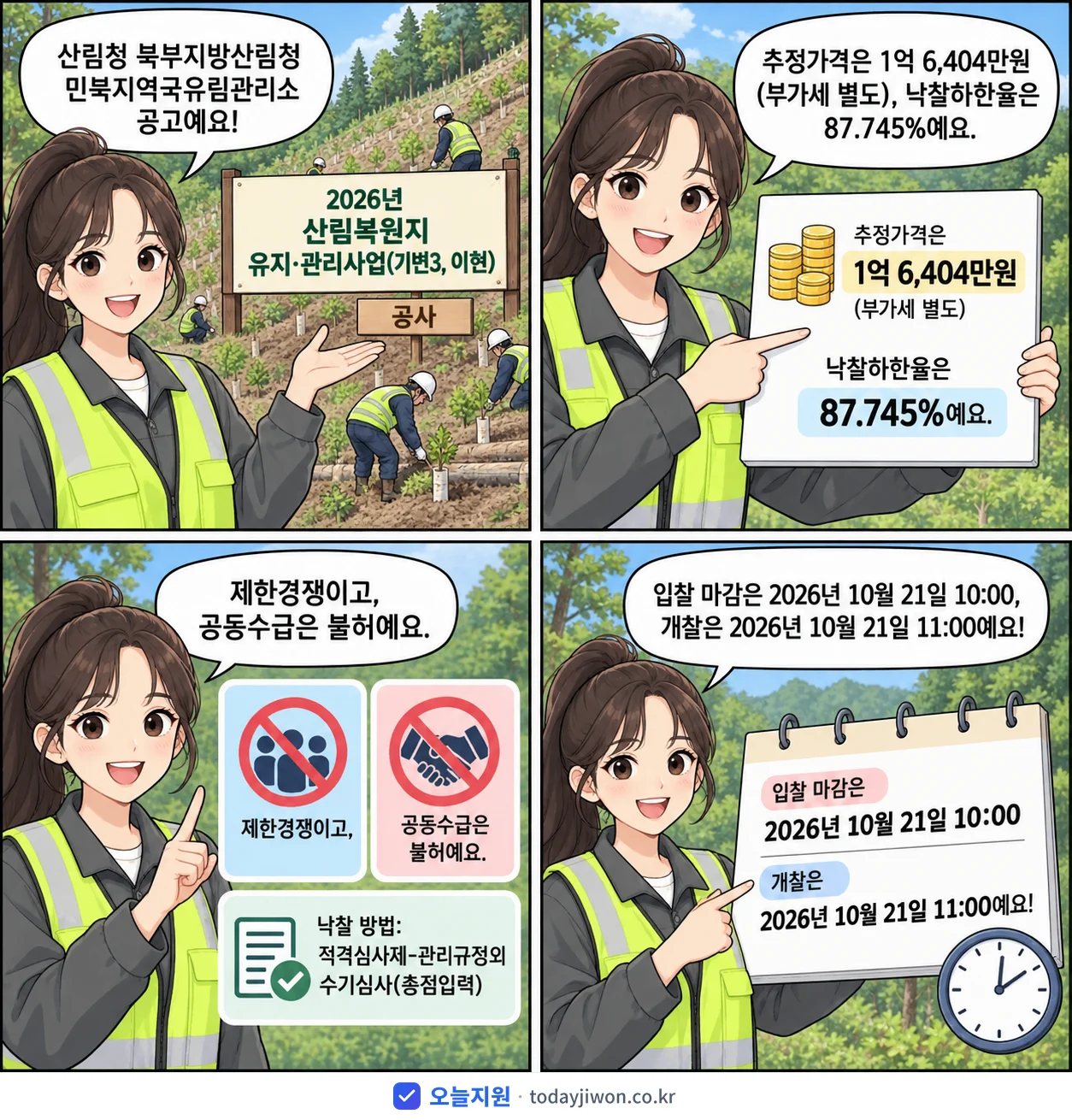 4컷 만화로 보는 공고: 산림청 북부지방산림청 민북지역국유림관리소 '산림복원지 유지·관리사업(기번3, 이현)', 추정가격 1억 6,404만원, 입찰 마감 10/21 10:00