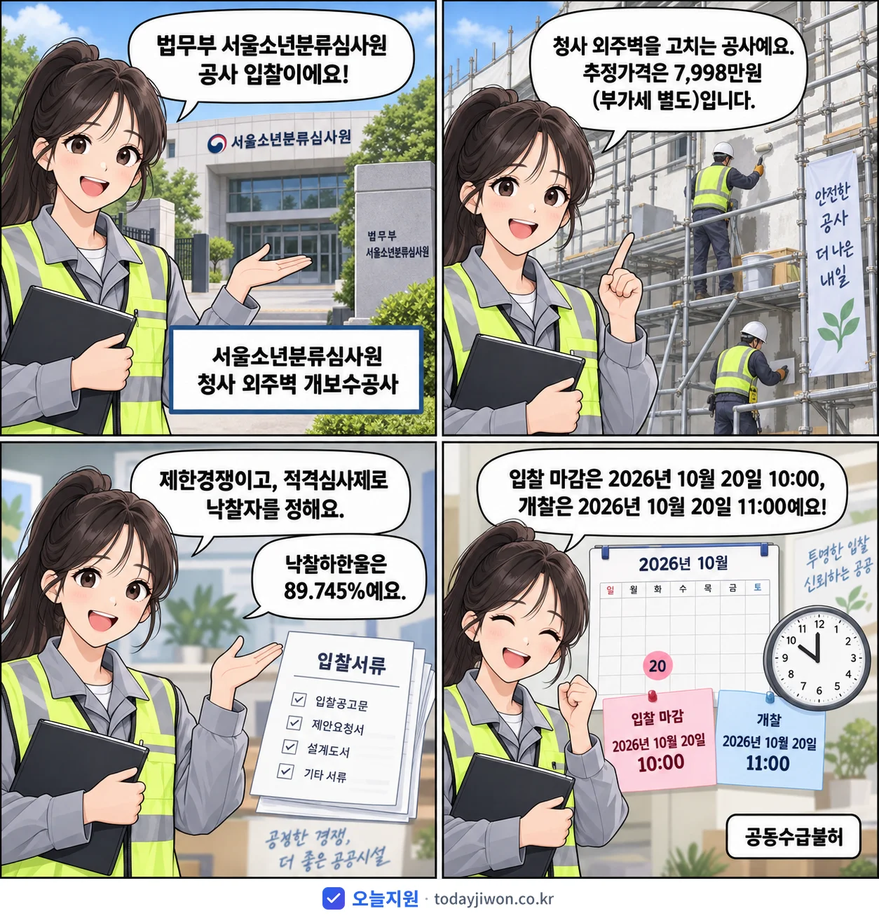 4컷 만화로 보는 공고: 법무부 서울소년분류심사원 '서울소년분류심사원 청사 외주벽 개보수공사', 추정가격 7,998만원, 입찰 마감 10/20 10:00