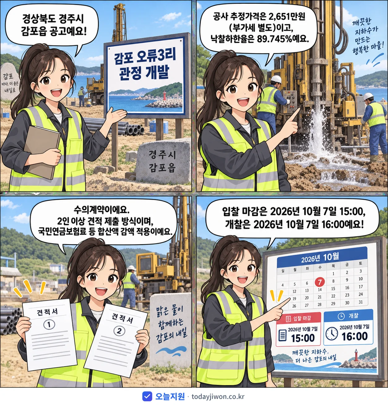 4컷 만화로 보는 공고: 경상북도 경주시 감포읍 '감포 오류3리 관정 개발', 추정가격 2,651만원, 입찰 마감 10/7 15:00