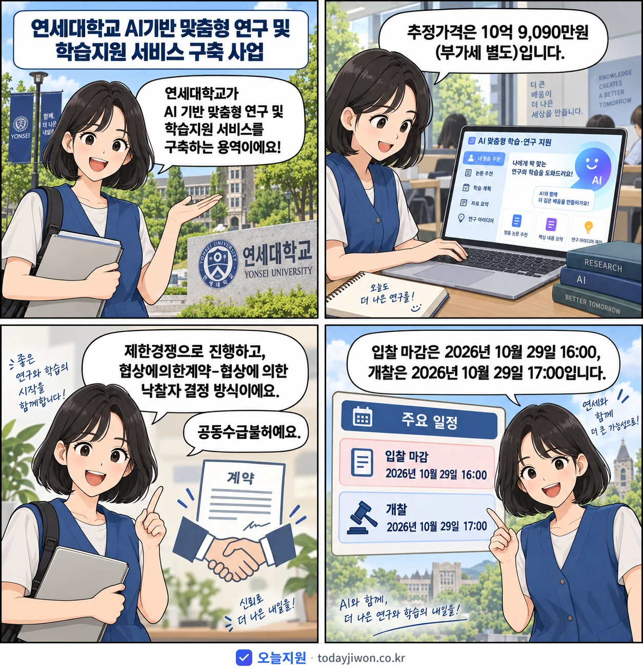 4컷 만화로 보는 공고: 연세대학교 '연세대학교 AI기반 맞춤형 연구 및 학습지원 서비스 구축 사업', 추정가격 10억 9,090만원, 입찰 마감 10/29 16:00