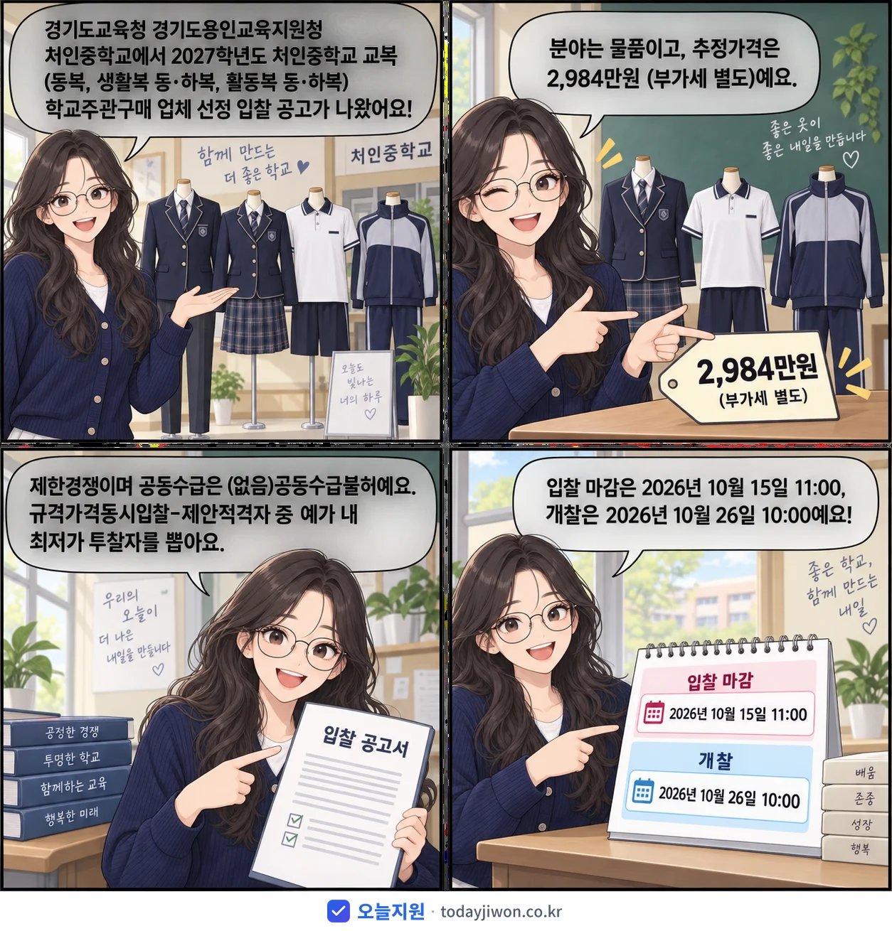 4컷 만화로 보는 공고: 경기도교육청 경기도용인교육지원청 처인중학교 '학년도 처인중학교 교복(동복, 생활복 동·하복, 활동복 동·하복) 학교…', 추정가격 2,984만원, 입찰 마감 10/15 11:00