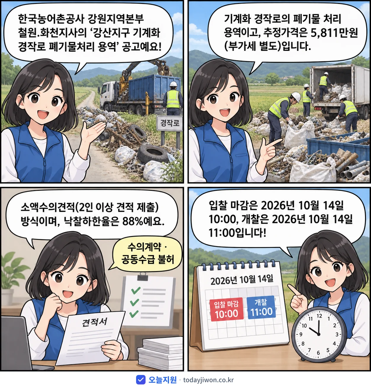 4컷 만화로 보는 공고: 한국농어촌공사 강원지역본부 철원.화천지사 '강산지구 기계화 경작로 폐기물처리 용역', 추정가격 5,811만원, 입찰 마감 10/14 10:00