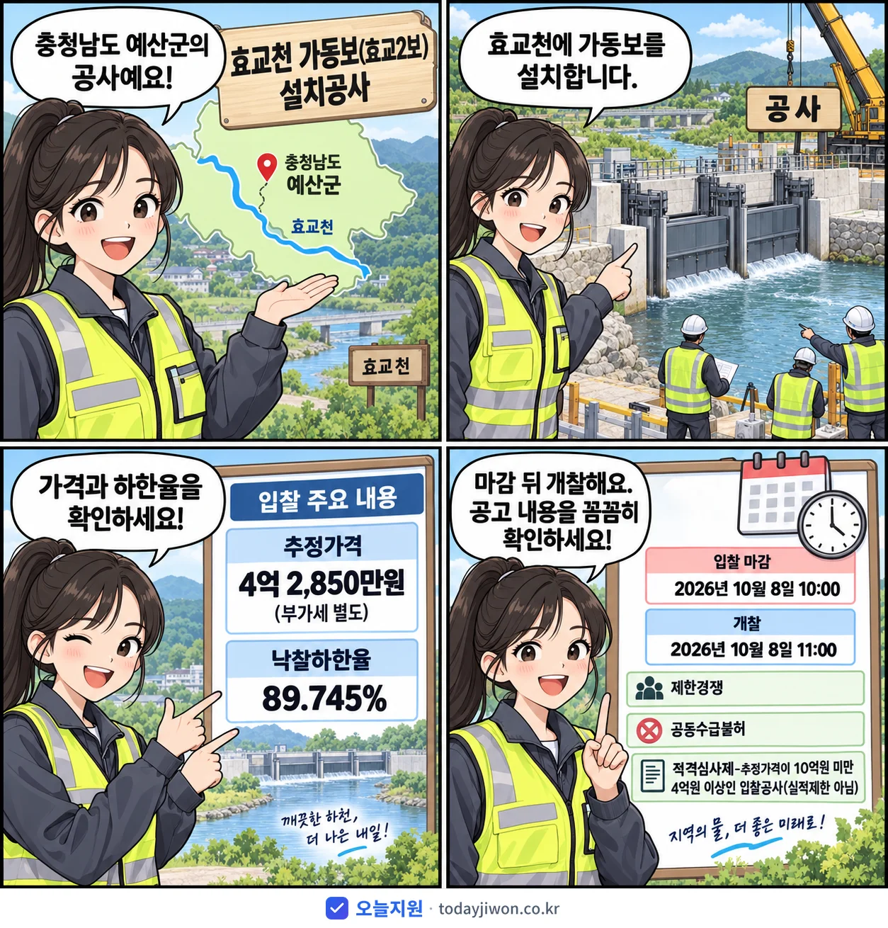 4컷 만화로 보는 공고: 충청남도 예산군 '효교천 가동보(효교2보) 설치공사', 추정가격 4억 2,850만원, 입찰 마감 10/8 10:00
