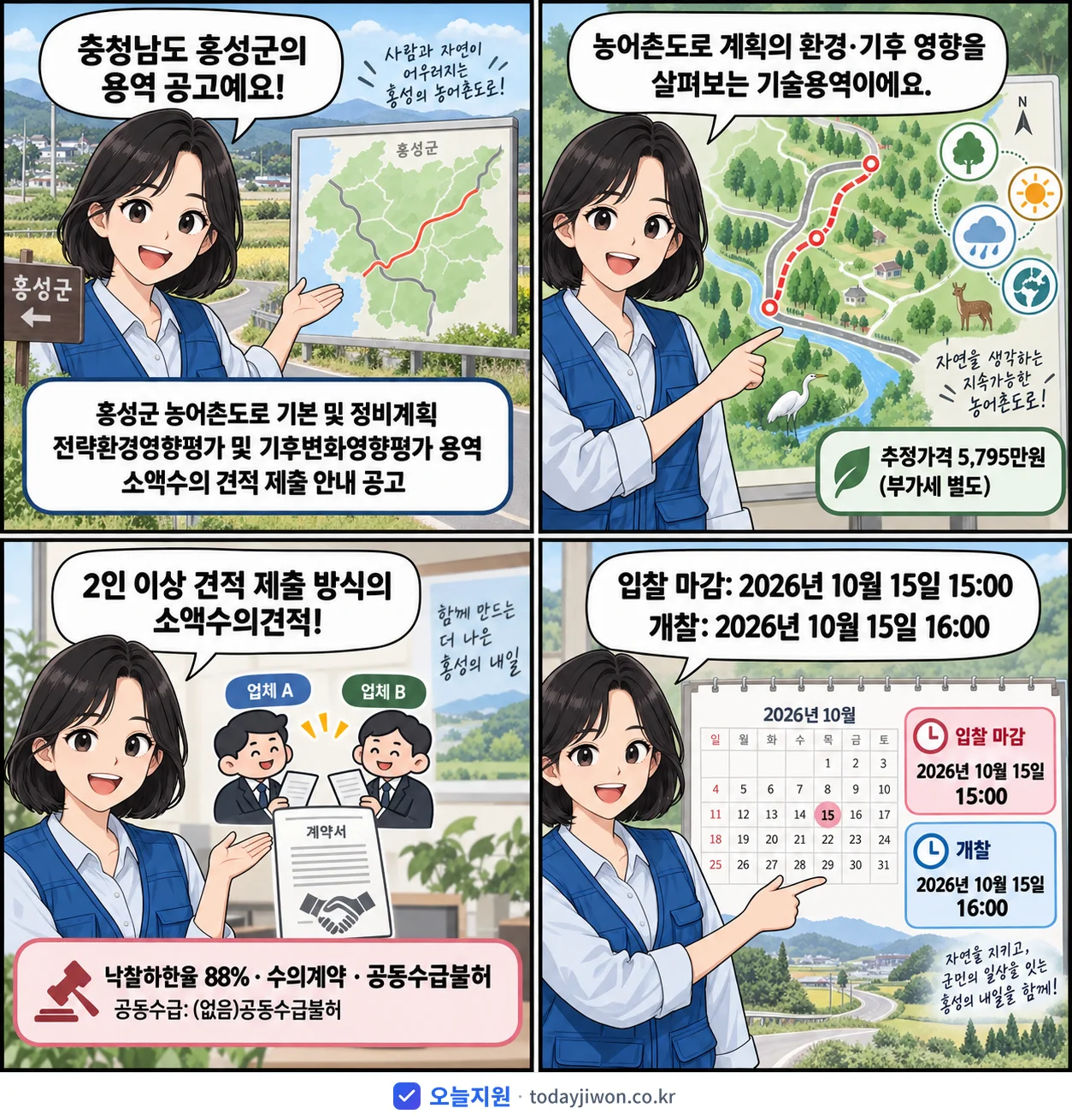 4컷 만화로 보는 공고: 충청남도 홍성군 '홍성군 농어촌도로 기본 및 정비계획 전략환경영향평가 및 기후변화영향평가…', 추정가격 5,795만원, 입찰 마감 10/15 15:00