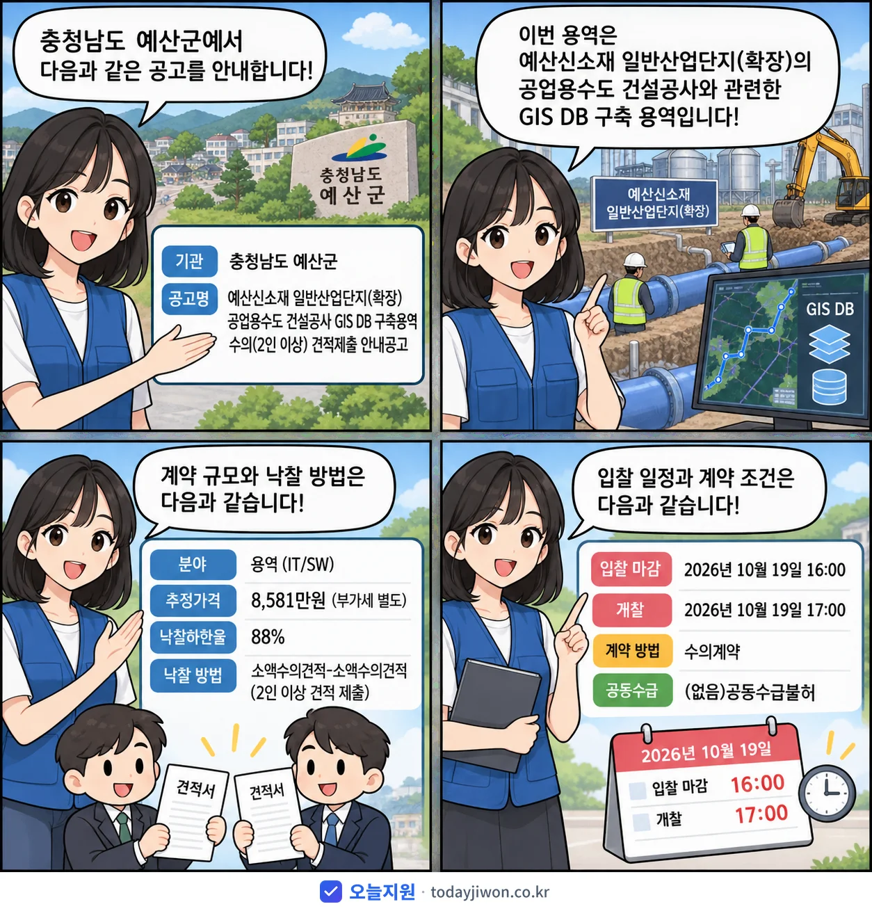 4컷 만화로 보는 공고: 충청남도 예산군 '예산신소재 일반산업단지(확장) 공업용수도 건설공사 GIS DB 구축용역…', 추정가격 8,581만원, 입찰 마감 10/19 16:00