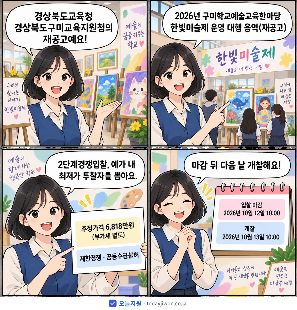 4컷 만화로 보는 공고: 경상북도교육청 경상북도구미교육지원청 '구미학교예술교육한마당 한빛미술제 운영 대행 용역', 추정가격 6,818만원, 입찰 마감 10/12 10:00