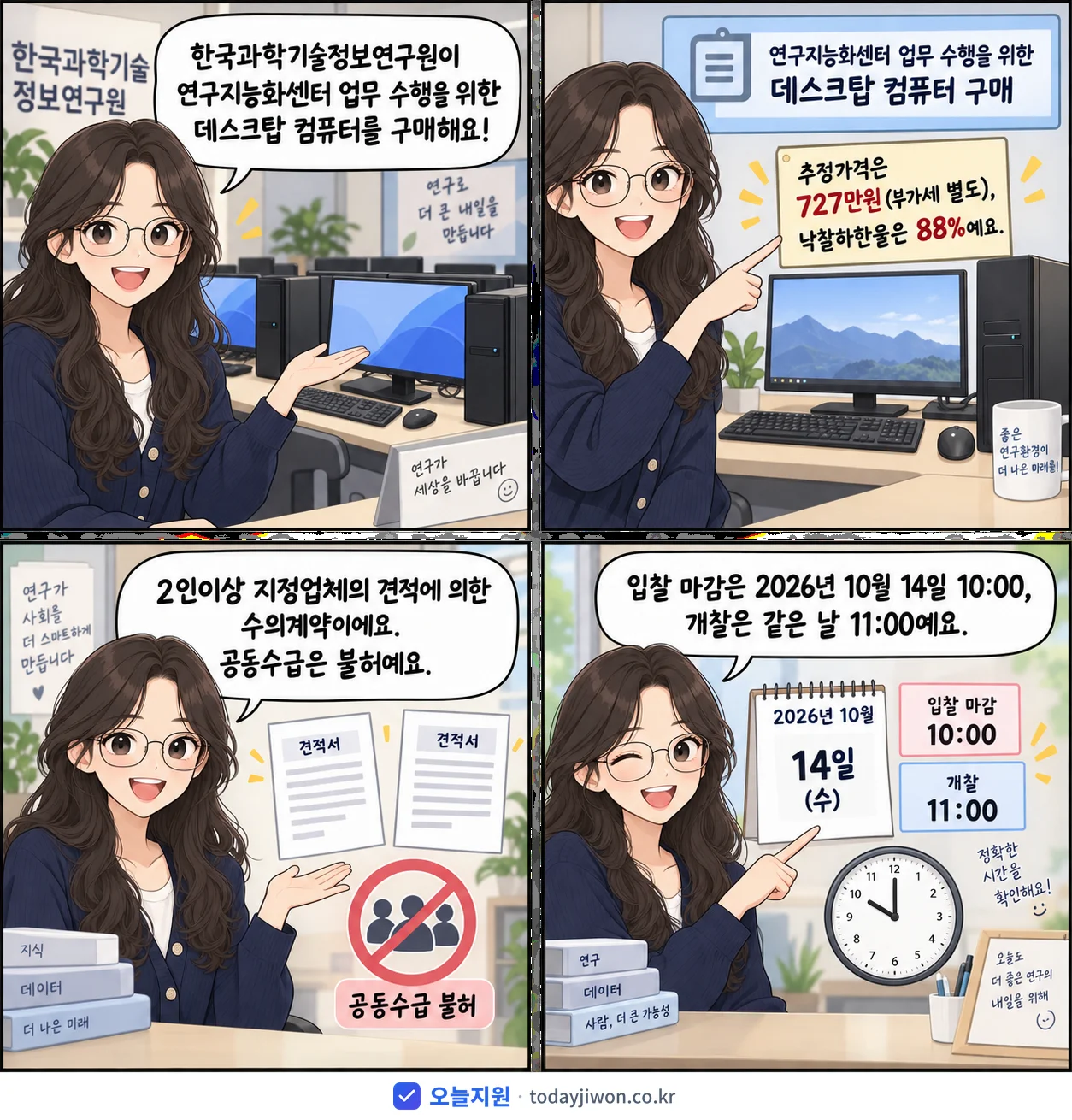 4컷 만화로 보는 공고: 한국과학기술정보연구원 '연구지능화센터 업무 수행을 위한 데스크탑 컴퓨터 구매', 추정가격 727만원, 입찰 마감 10/14 10:00