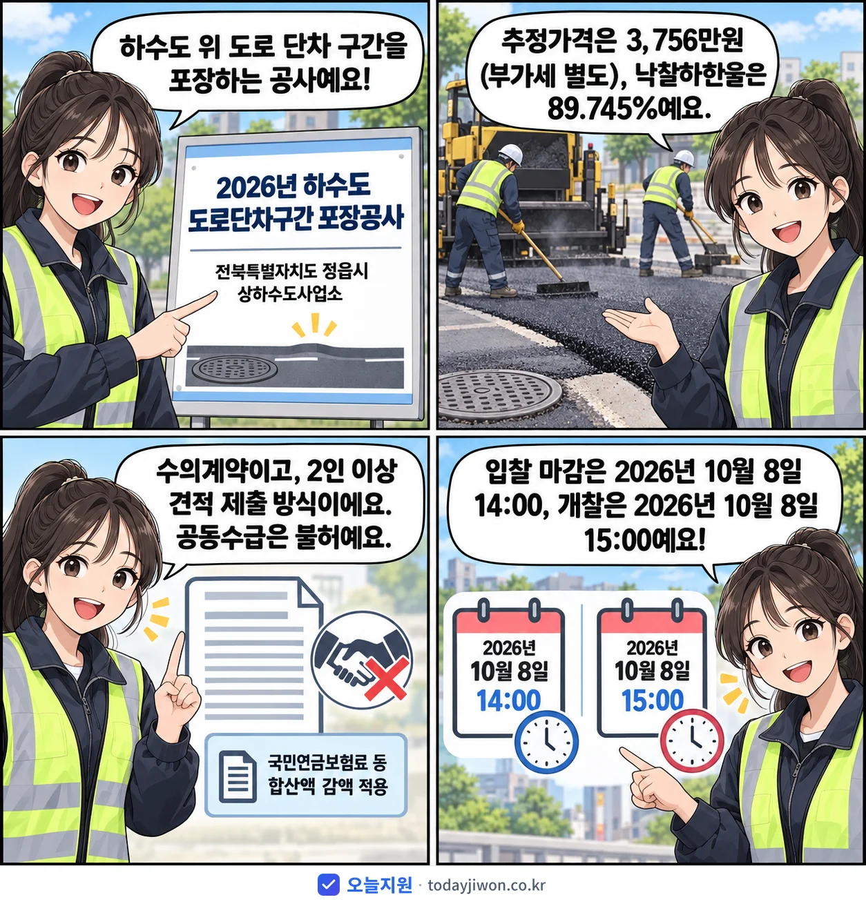 4컷 만화로 보는 공고: 전북특별자치도 정읍시 상하수도사업소 '하수도 도로단차구간 포장공사', 추정가격 3,756만원, 입찰 마감 10/8 14:00