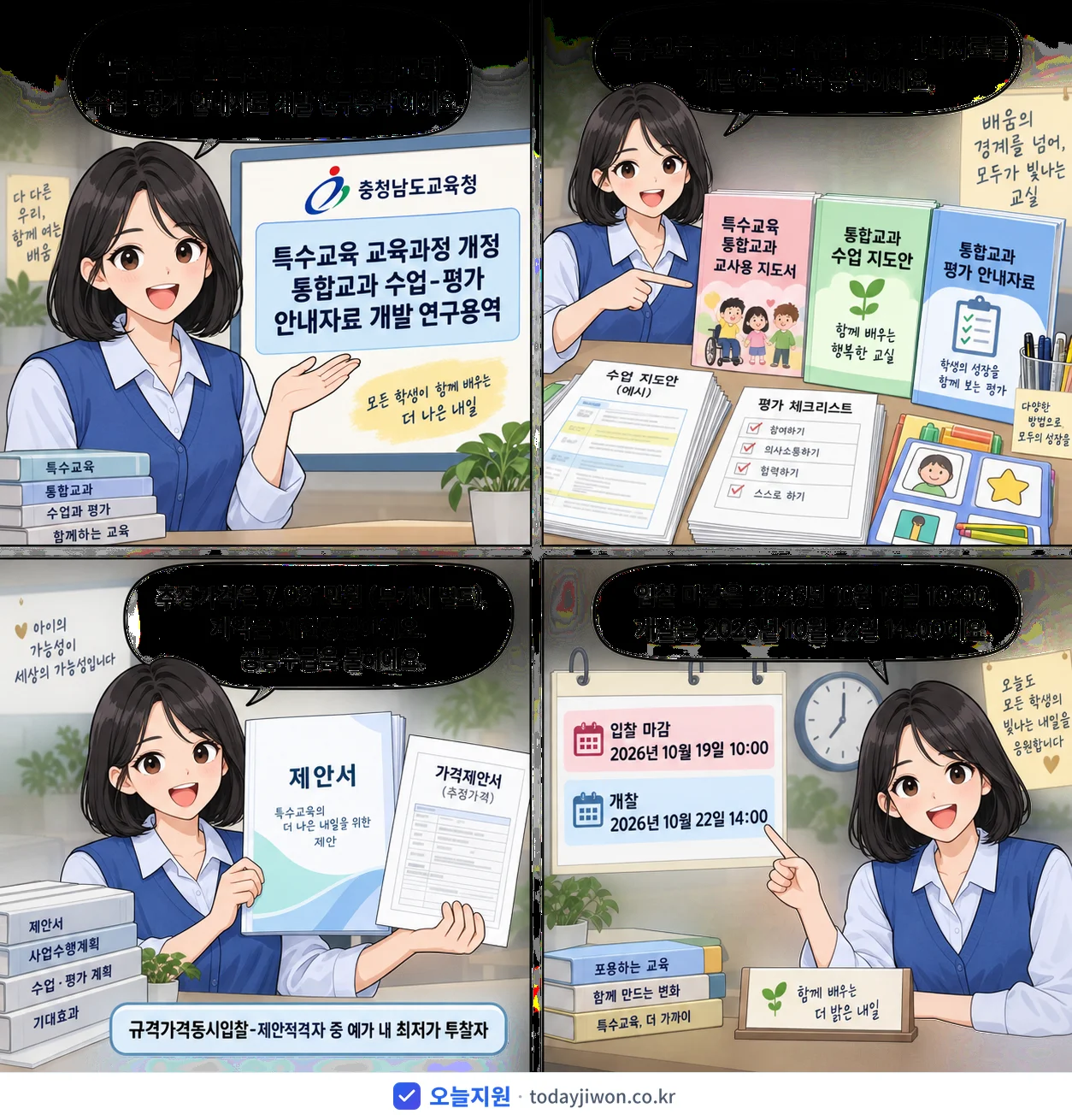 4컷 만화로 보는 공고: 충청남도교육청 '특수교육 교육과정 개정 통합교과 수업-평가 안내자료 개발 연구용역', 추정가격 7,981만원, 입찰 마감 10/19 10:00