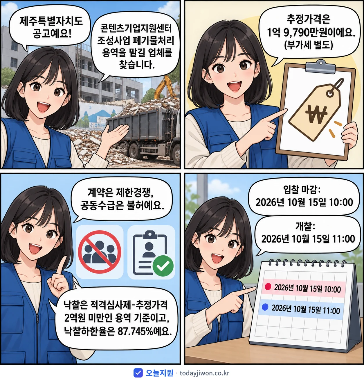 4컷 만화로 보는 공고: 제주특별자치도 '콘텐츠기업지원센터 조성사업 폐기물처리 용역', 추정가격 1억 9,790만원, 입찰 마감 10/15 10:00