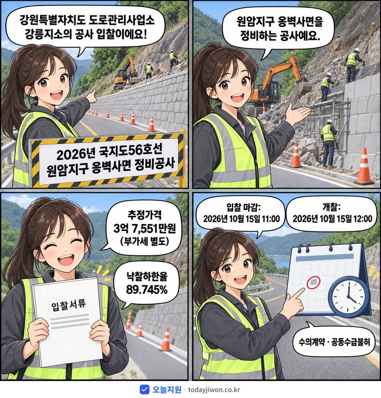 4컷 만화로 보는 공고: 강원특별자치도 도로관리사업소 강릉지소 '국지도56호선 원암지구 옹벽사면 정비공사', 추정가격 3억 7,551만원, 입찰 마감 10/15 11:00