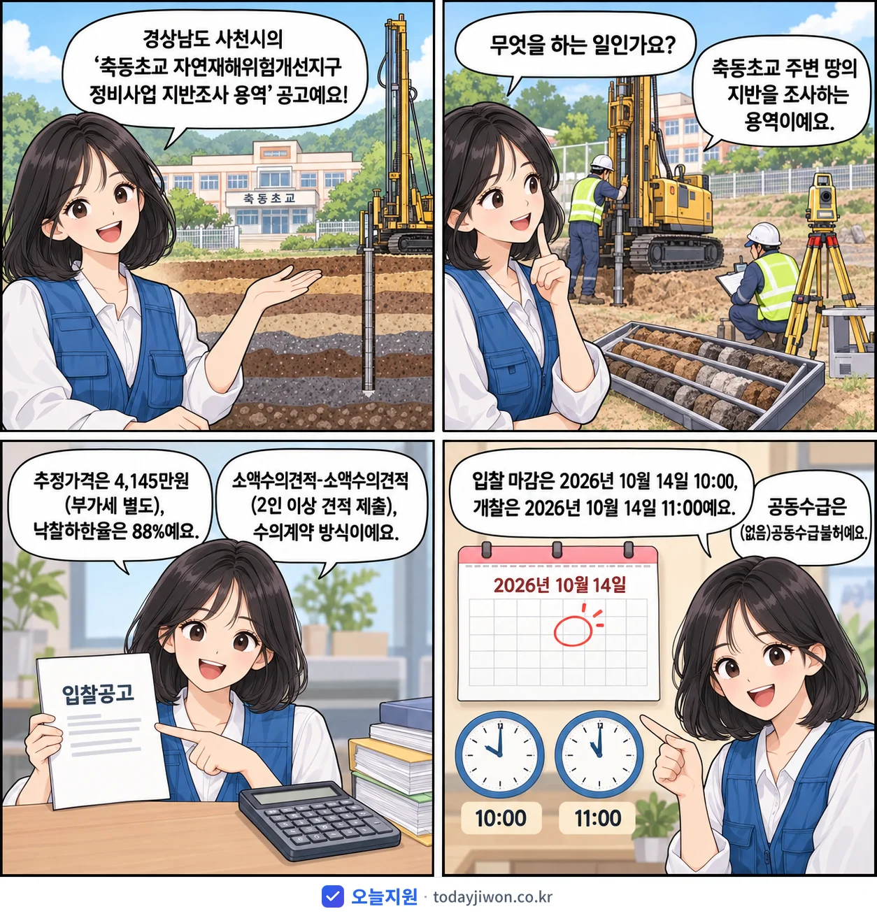 4컷 만화로 보는 공고: 경상남도 사천시 '축동초교 자연재해위험개선지구 정비사업 지반조사 용역', 추정가격 4,145만원, 입찰 마감 10/14 10:00