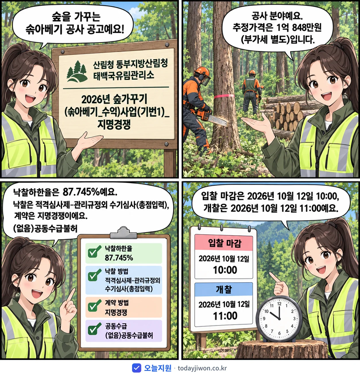 4컷 만화로 보는 공고: 산림청 동부지방산림청 태백국유림관리소 '숲가꾸기(솎아베기_수익)사업(기번1)_지명경쟁', 추정가격 1억 848만원, 입찰 마감 10/12 10:00