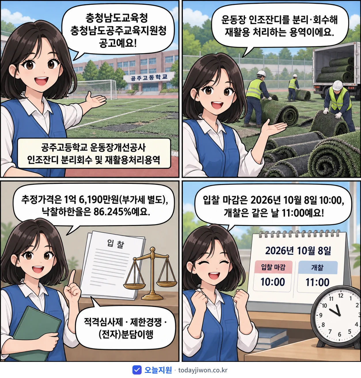 4컷 만화로 보는 공고: 충청남도교육청 충청남도공주교육지원청 '공주고등학교 운동장개선공사 인조잔디 분리회수 및 재활용처리용역', 추정가격 1억 6,190만원, 입찰 마감 10/8 10:00
