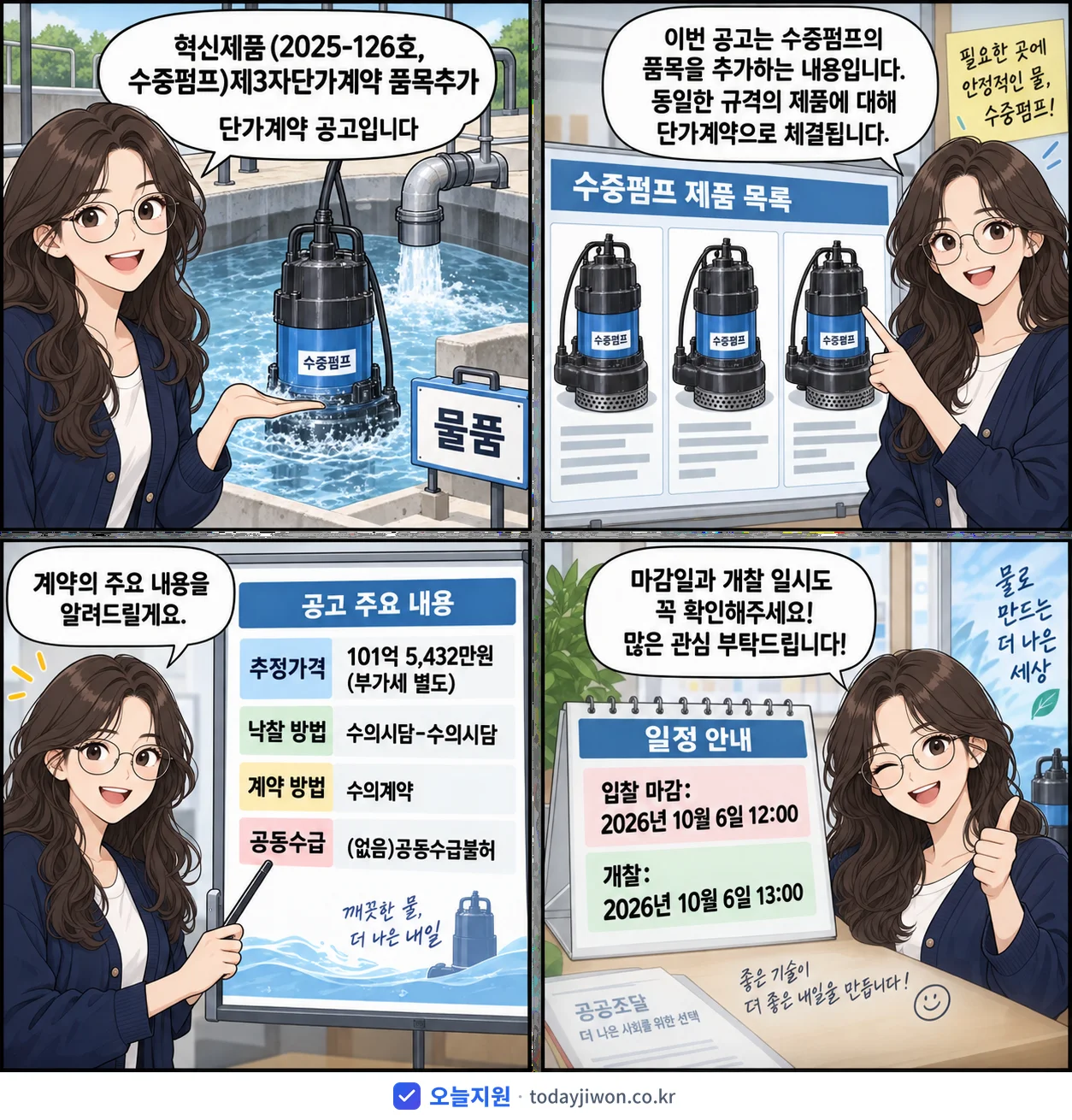 4컷 만화로 보는 공고: '혁신제품 (2025-126호, 수중펌프)제3자단가계약 품목추가', 추정가격 101억 5,432만원, 입찰 마감 10/6 12:00