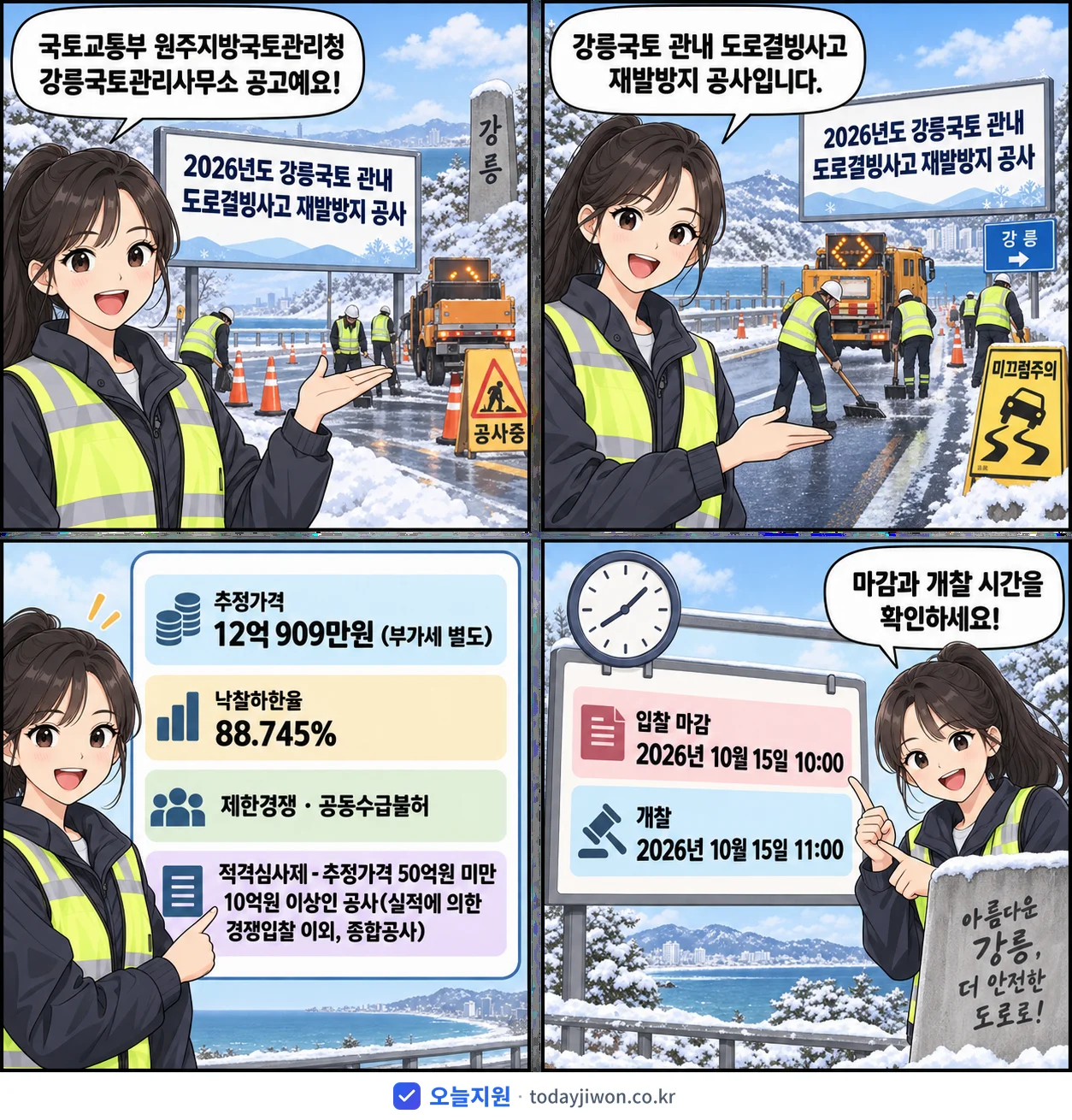 4컷 만화로 보는 공고: 국토교통부 원주지방국토관리청 강릉국토관리사무소 '강릉국토 관내 도로결빙사고 재발방지 공사', 추정가격 12억 909만원, 입찰 마감 10/15 10:00