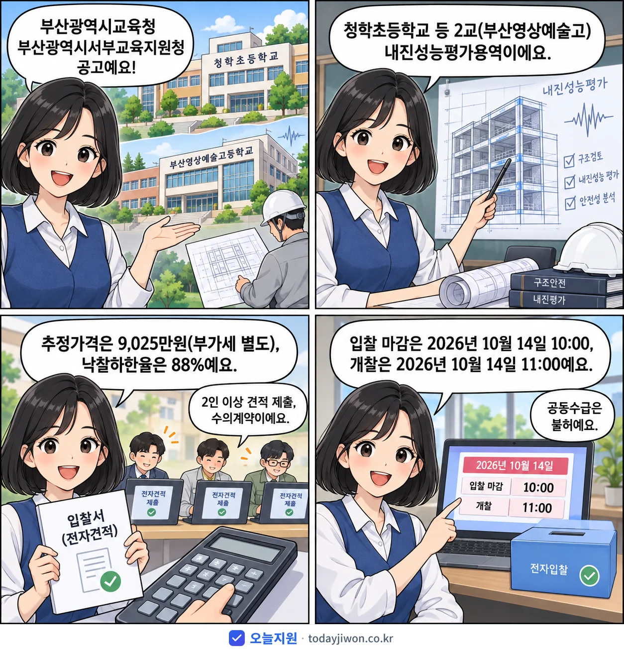 4컷 만화로 보는 공고: 부산광역시교육청 부산광역시서부교육지원청 '청학초등학교 등 2교(부산영상예술고) 내진성능평가용역 소액수의 전자견적…', 추정가격 9,025만원, 입찰 마감 10/14 10:00