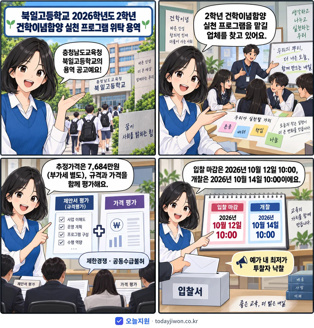 4컷 만화로 보는 공고: 충청남도교육청 북일고등학교 '북일고등학교 2026학년도 2학년 건학이념함양 실천 프로그램 위탁 용역', 추정가격 7,684만원, 입찰 마감 10/12 10:00