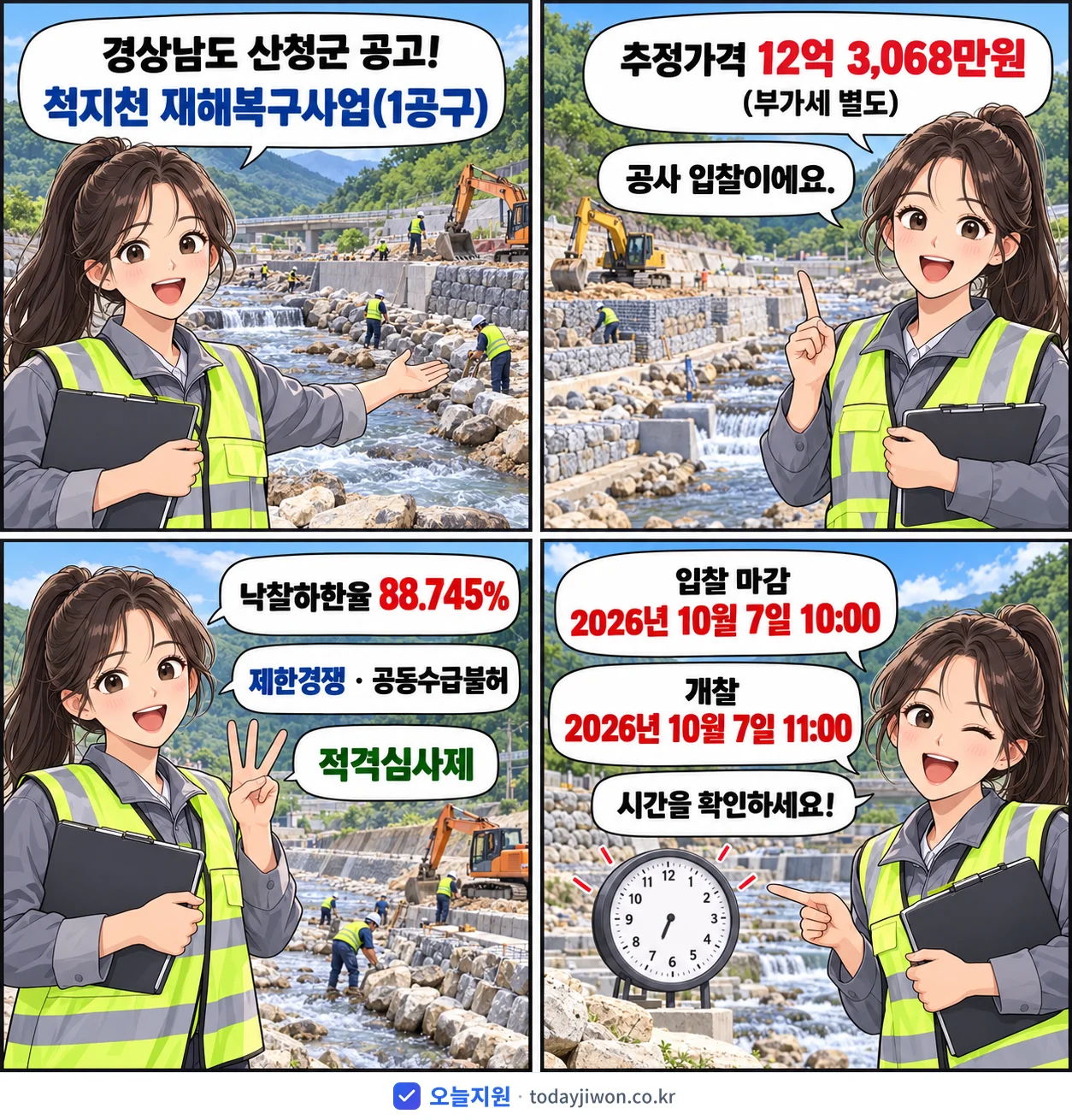 4컷 만화로 보는 공고: 경상남도 산청군 '척지천 재해복구사업(1공구)', 추정가격 12억 3,068만원, 입찰 마감 10/7 10:00