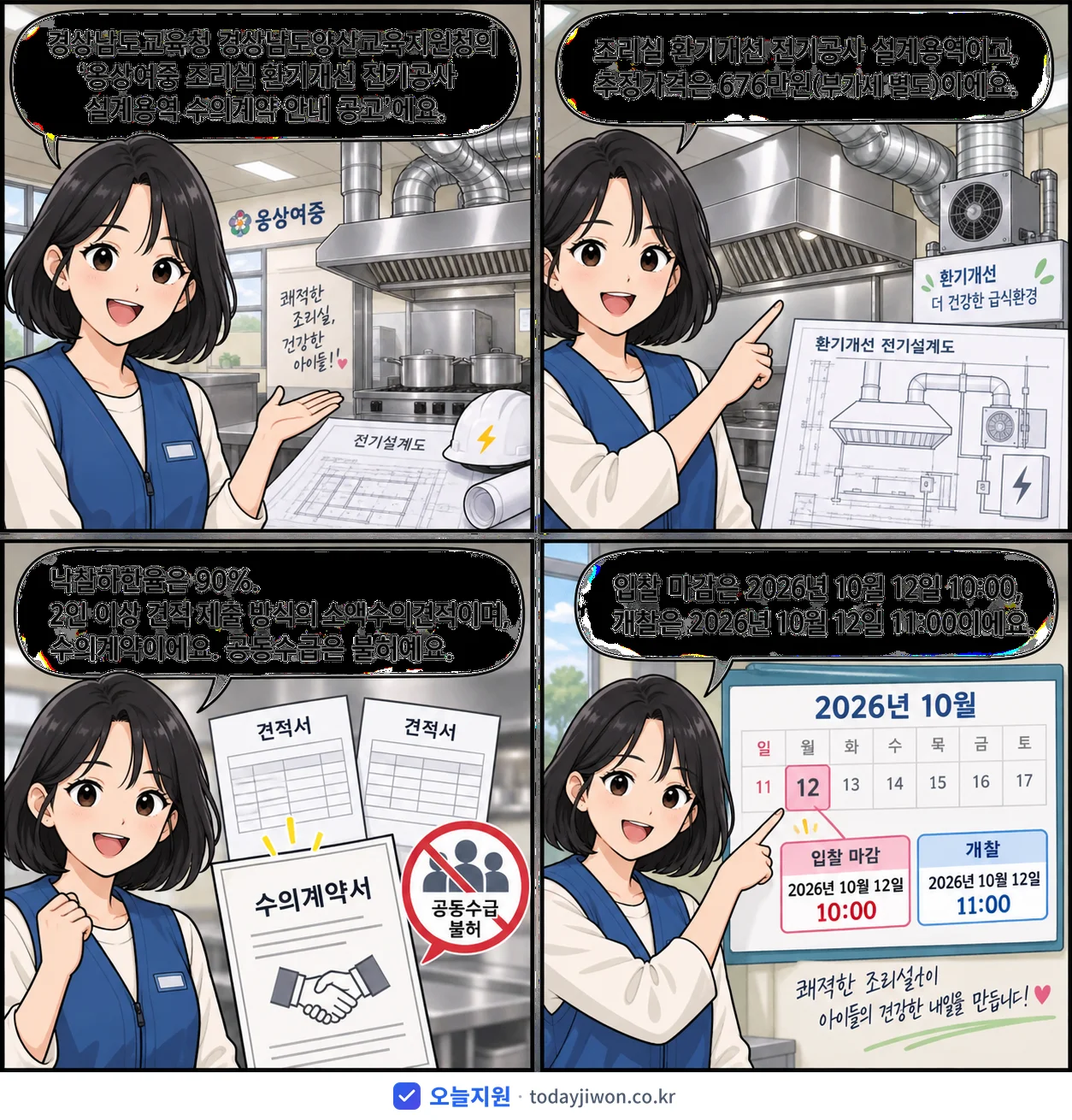 4컷 만화로 보는 공고: 경상남도교육청 경상남도양산교육지원청 '웅상여중 조리실 환기개선 전기공사 설계용역 수의계약 안내 공고', 추정가격 676만원, 입찰 마감 10/12 10:00