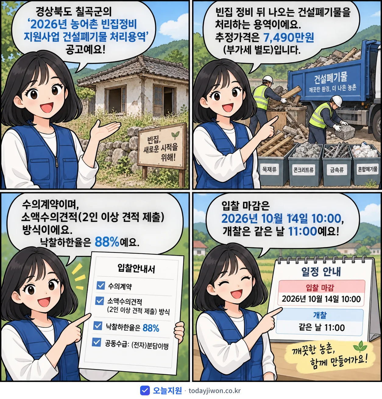 4컷 만화로 보는 공고: 경상북도 칠곡군 '농어촌 빈집정비 지원사업 건설폐기물 처리용역', 추정가격 7,490만원, 입찰 마감 10/14 10:00