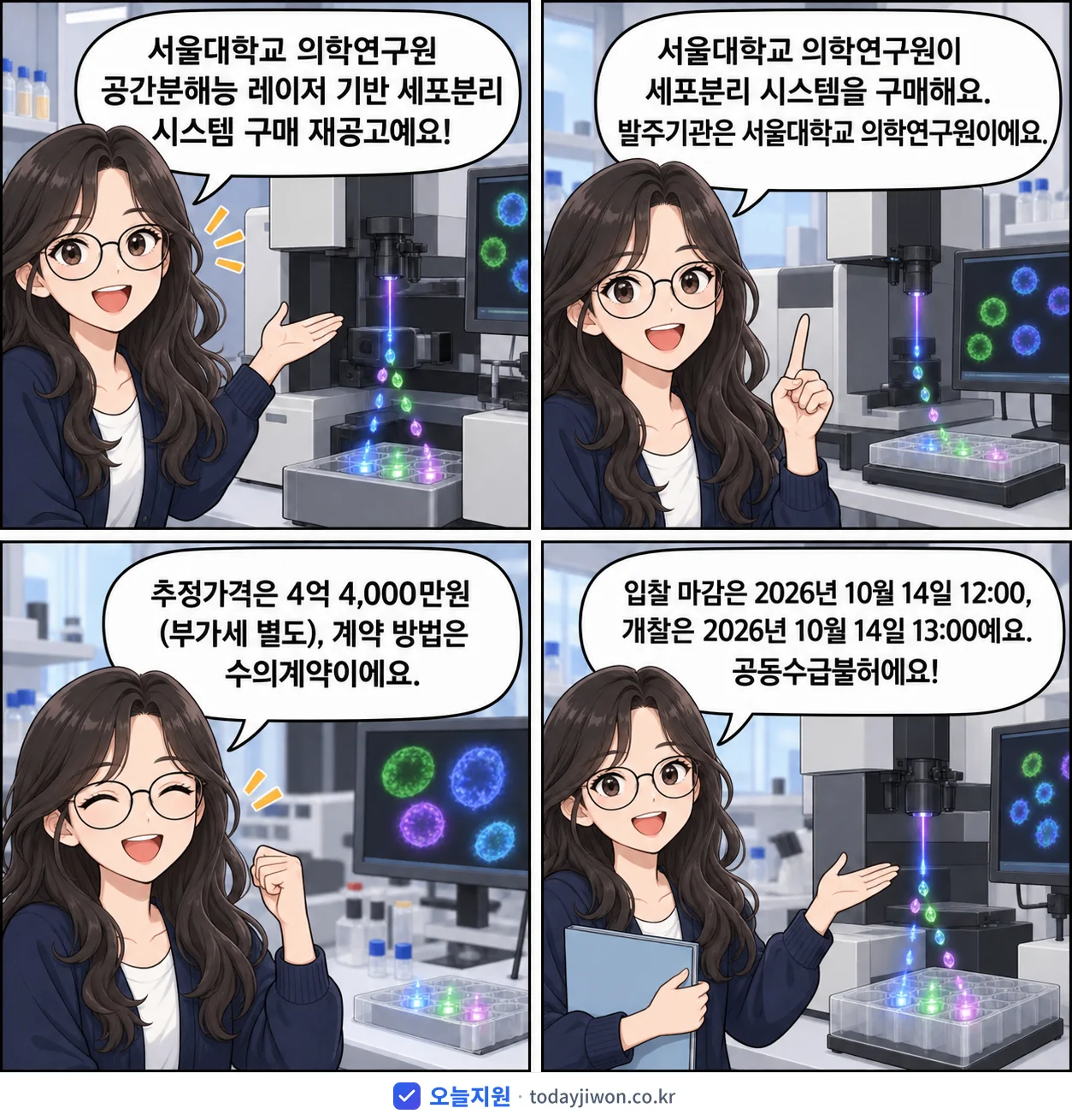4컷 만화로 보는 공고: 서울대학교 의학연구원 '서울대학교 의학연구원 공간분해능 레이저 기반 세포분리 시스템 구매', 추정가격 4억 4,000만원, 입찰 마감 10/14 12:00