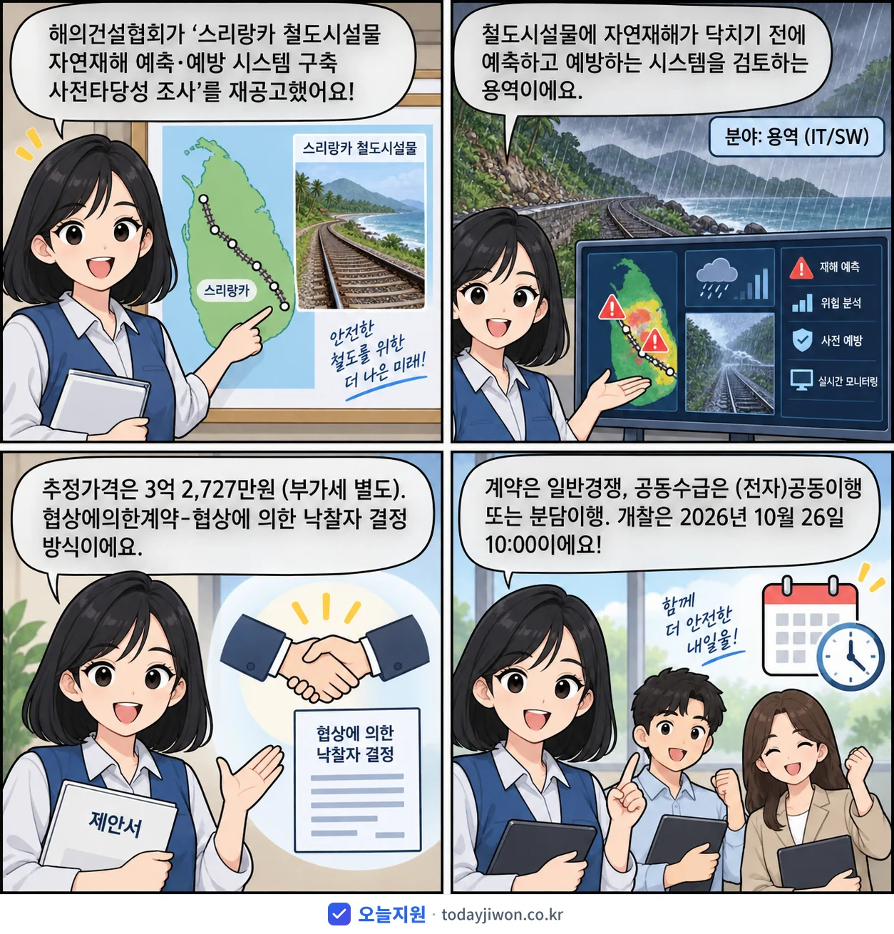 4컷 만화로 보는 공고: 해외건설협회 '스리랑카 철도시설물 자연재해 예측·예방 시스템 구축 사전타당성 조사', 추정가격 3억 2,727만원