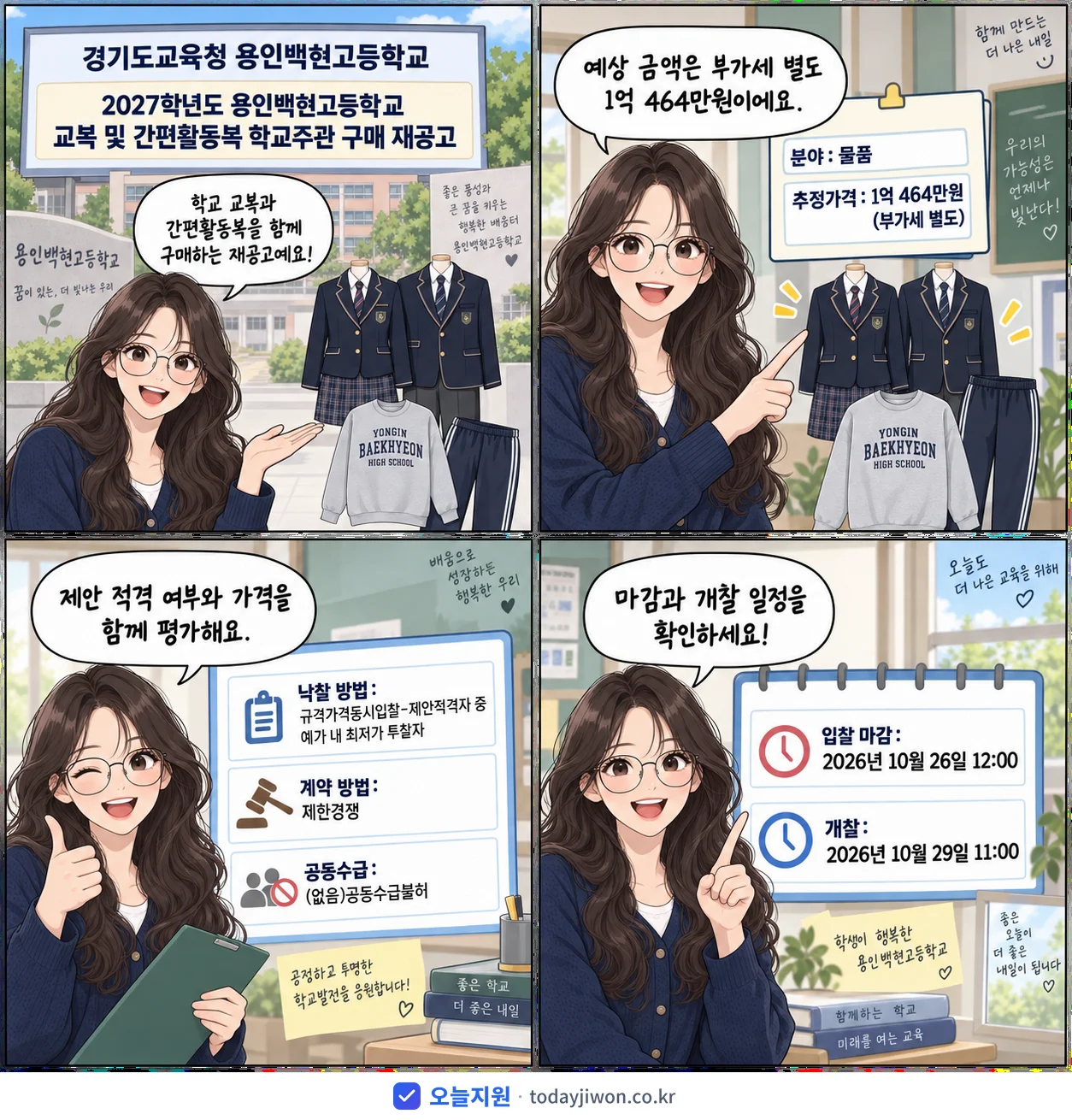 4컷 만화로 보는 공고: 경기도교육청 용인백현고등학교 '학년도 용인백현고등학교 교복 및 간편활동복 학교주관 구매 재공고', 추정가격 1억 464만원, 입찰 마감 10/26 12:00