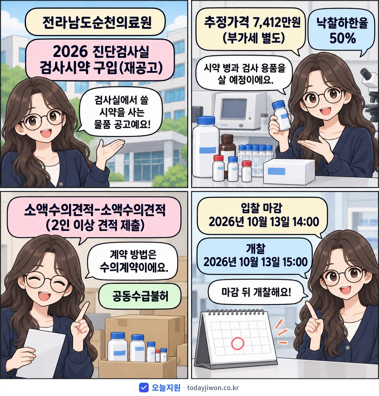 4컷 만화로 보는 공고: 전라남도순천의료원 '진단검사실 검사시약 구입', 추정가격 7,412만원, 입찰 마감 10/13 14:00