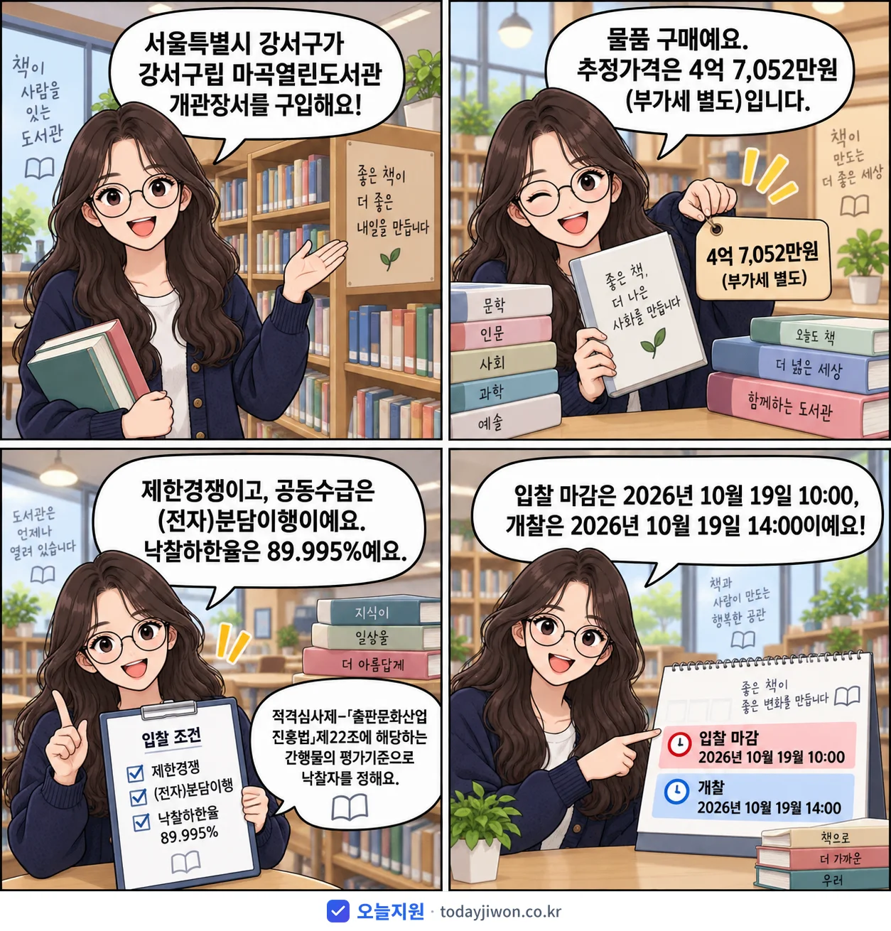 4컷 만화로 보는 공고: 서울특별시 강서구 '강서구립 마곡열린도서관 개관장서 구입', 추정가격 4억 7,052만원, 입찰 마감 10/19 10:00