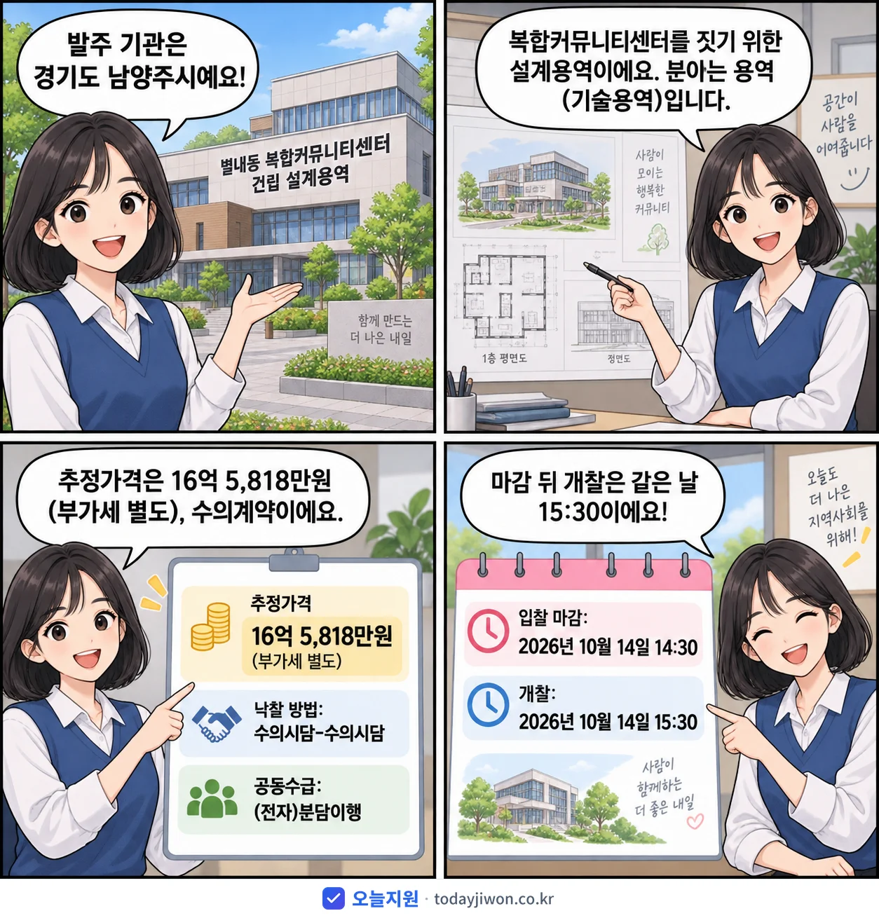 4컷 만화로 보는 공고: 경기도 남양주시 '별내동 복합커뮤니티센터 건립 설계용역', 추정가격 16억 5,818만원, 입찰 마감 10/14 14:30