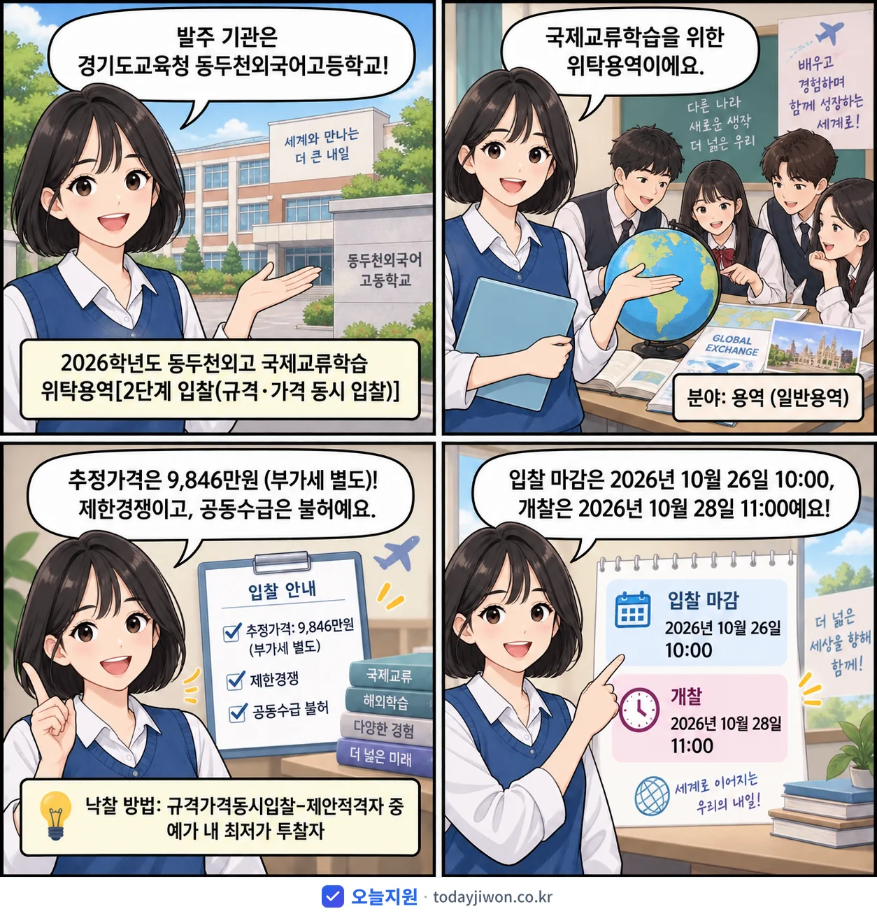 4컷 만화로 보는 공고: 경기도교육청 동두천외국어고등학교 '학년도 동두천외고 국제교류학습 위탁용역[2단계 입찰(규격·가격 동시 입…', 추정가격 9,846만원, 입찰 마감 10/26 10:00