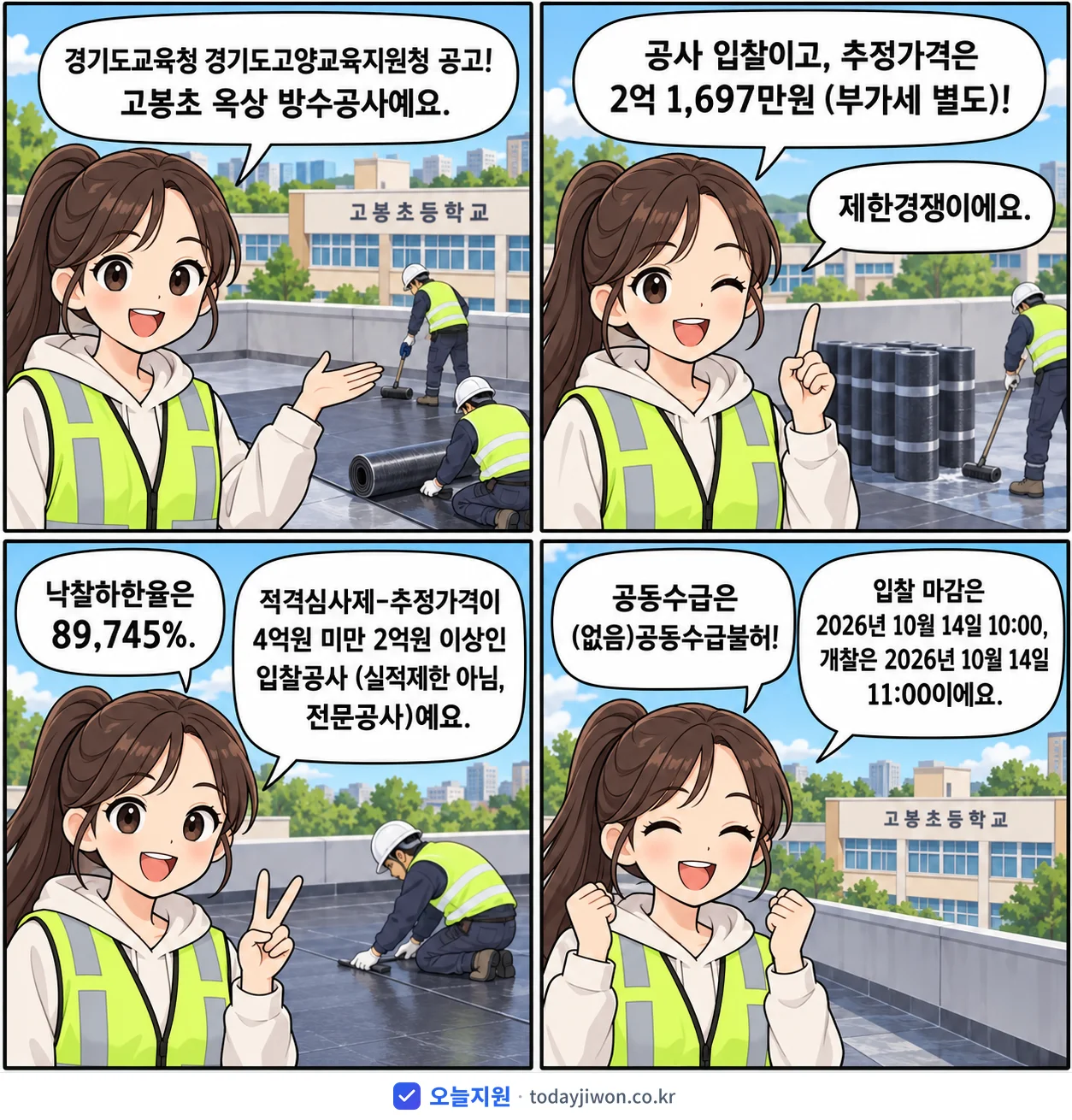4컷 만화로 보는 공고: 경기도교육청 경기도고양교육지원청 '고봉초 옥상 방수공사', 추정가격 2억 1,697만원, 입찰 마감 10/14 10:00