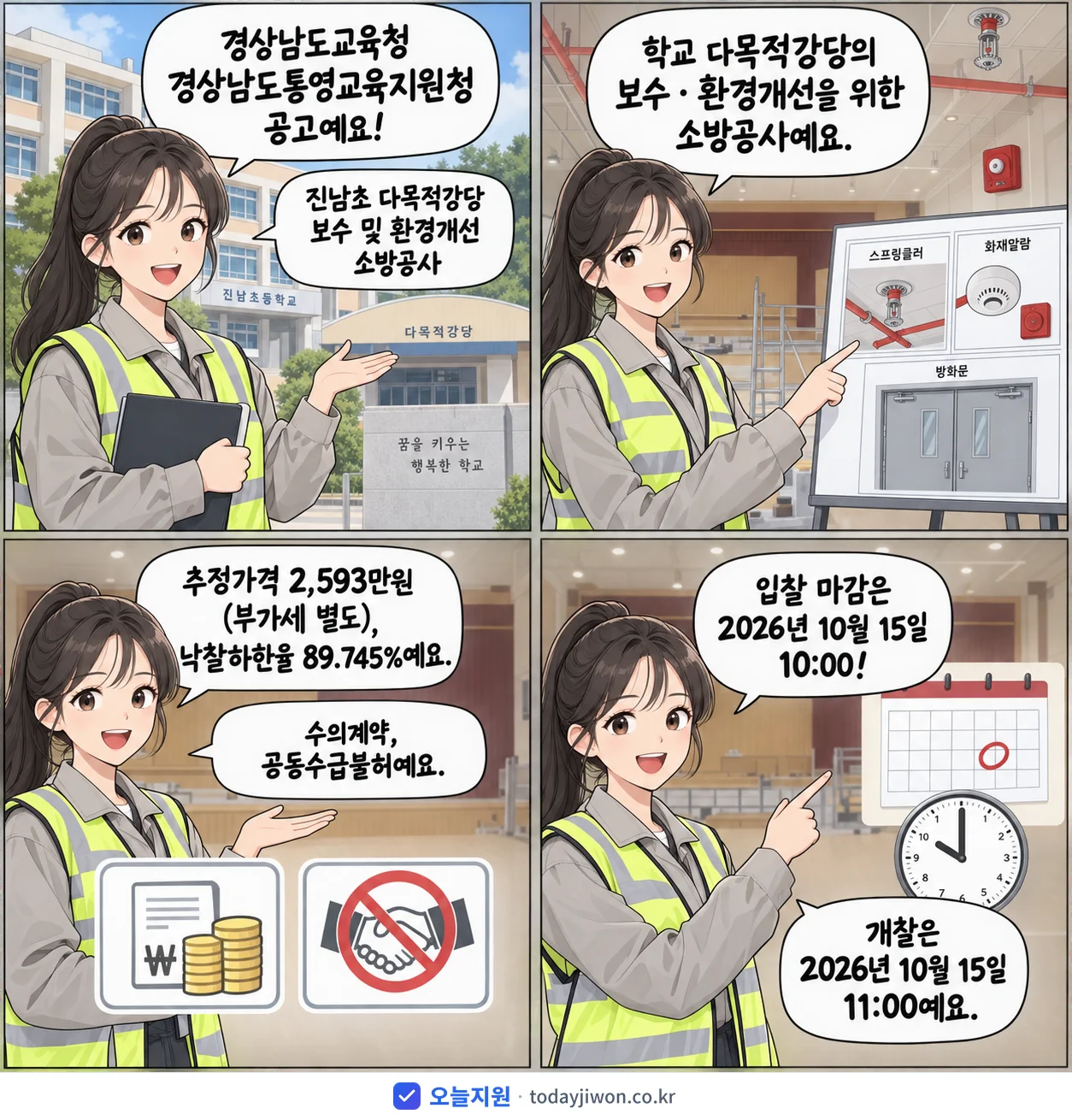 4컷 만화로 보는 공고: 경상남도교육청 경상남도통영교육지원청 '진남초 다목적강당 보수 및 환경개선 소방공사', 추정가격 2,593만원, 입찰 마감 10/15 10:00