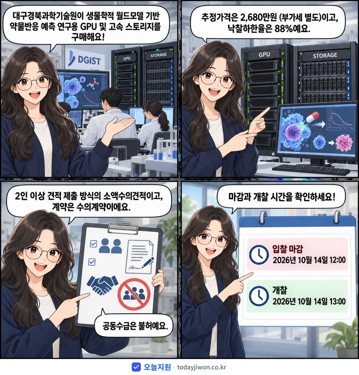 4컷 만화로 보는 공고: 대구경북과학기술원 '생물학적 월드모델 기반 약물반응 예측 연구용 GPU 및 고속 스토리지…', 추정가격 2,680만원, 입찰 마감 10/14 12:00