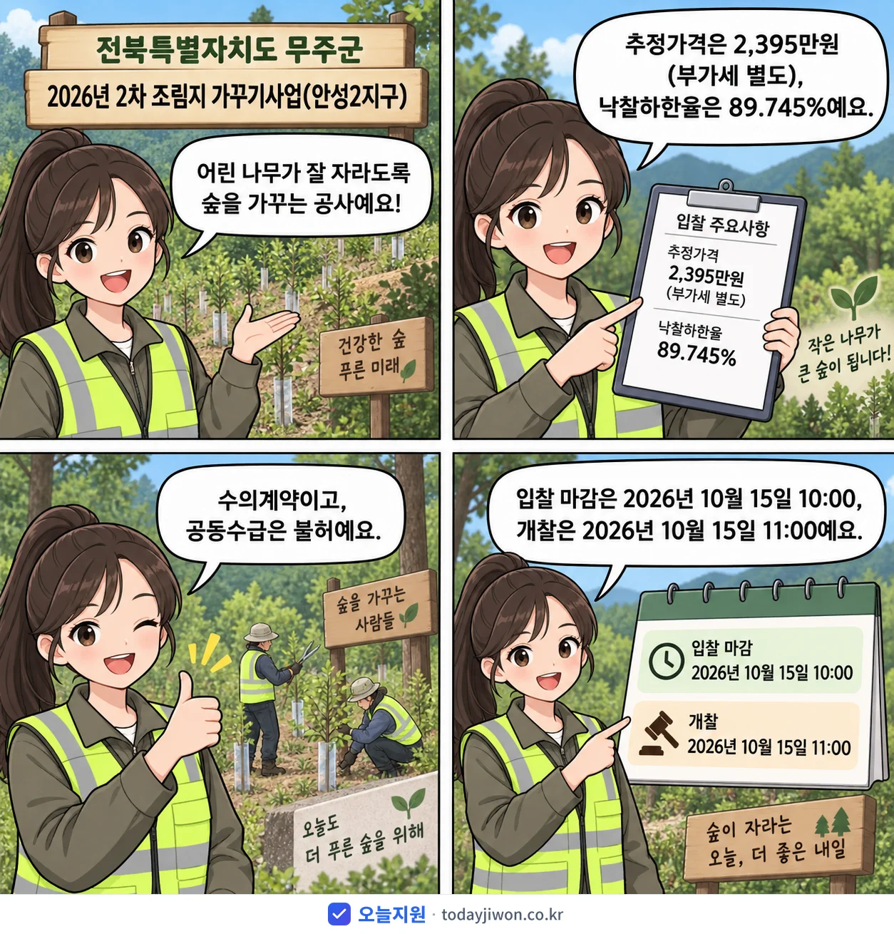 4컷 만화로 보는 공고: 전북특별자치도 무주군 '2차 조림지 가꾸기사업(안성2지구)', 추정가격 2,395만원, 입찰 마감 10/15 10:00