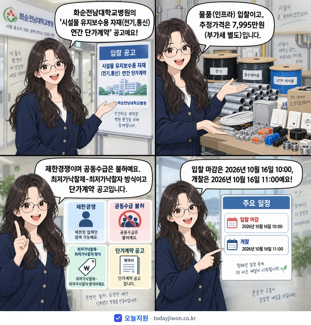 4컷 만화로 보는 공고: 화순전남대학교병원 '시설물 유지보수용 자재(전기,통신) 연간 단가계약', 추정가격 7,995만원, 입찰 마감 10/16 10:00
