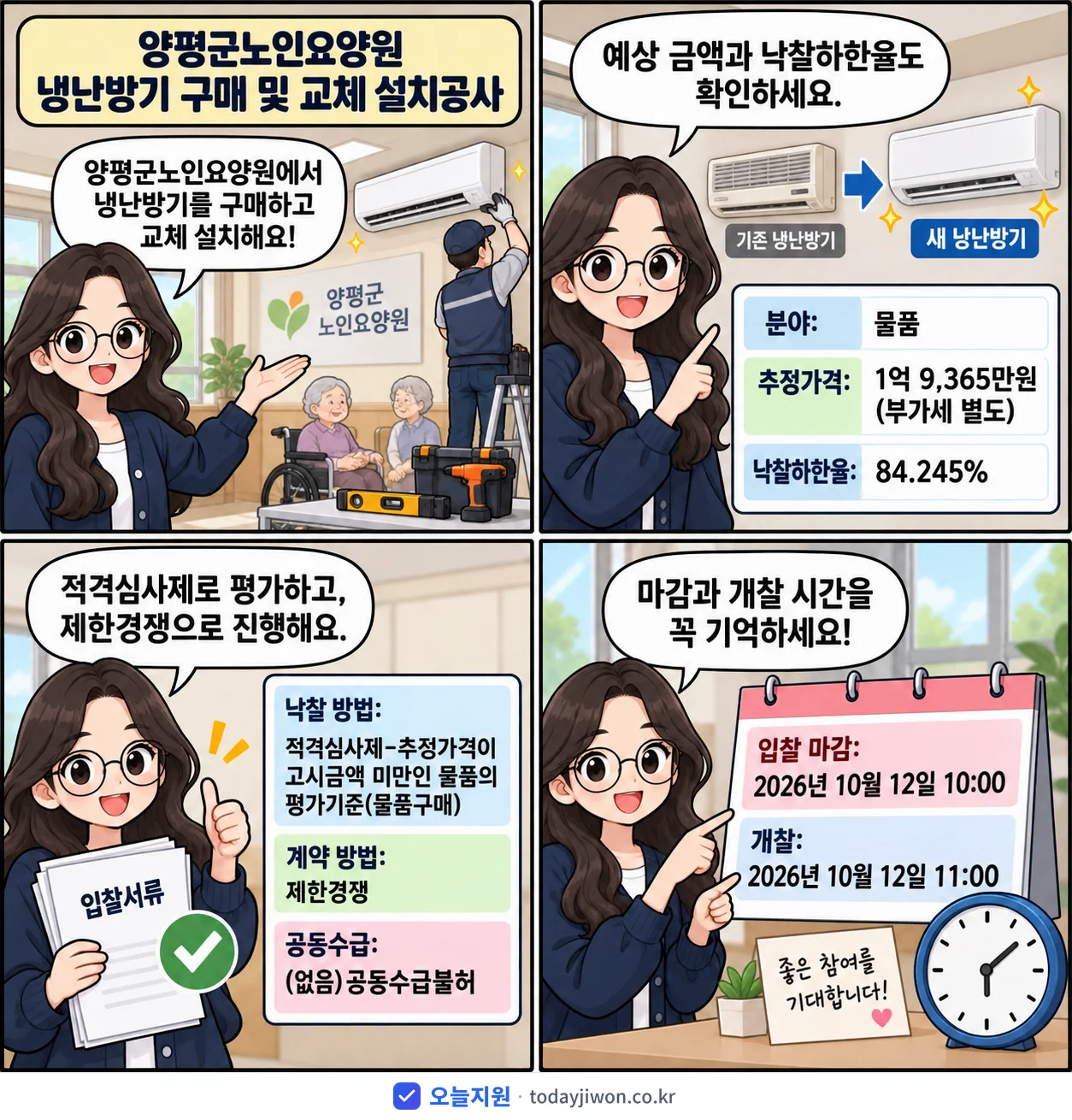 4컷 만화로 보는 공고: 양평군노인요양원 '양평군노인요양원 냉난방기 구매 및 교체 설치공사', 추정가격 1억 9,365만원, 입찰 마감 10/12 10:00