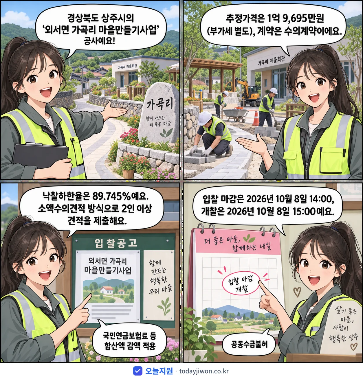 4컷 만화로 보는 공고: 경상북도 상주시 '외서면 가곡리 마을만들기사업', 추정가격 1억 9,695만원, 입찰 마감 10/8 14:00