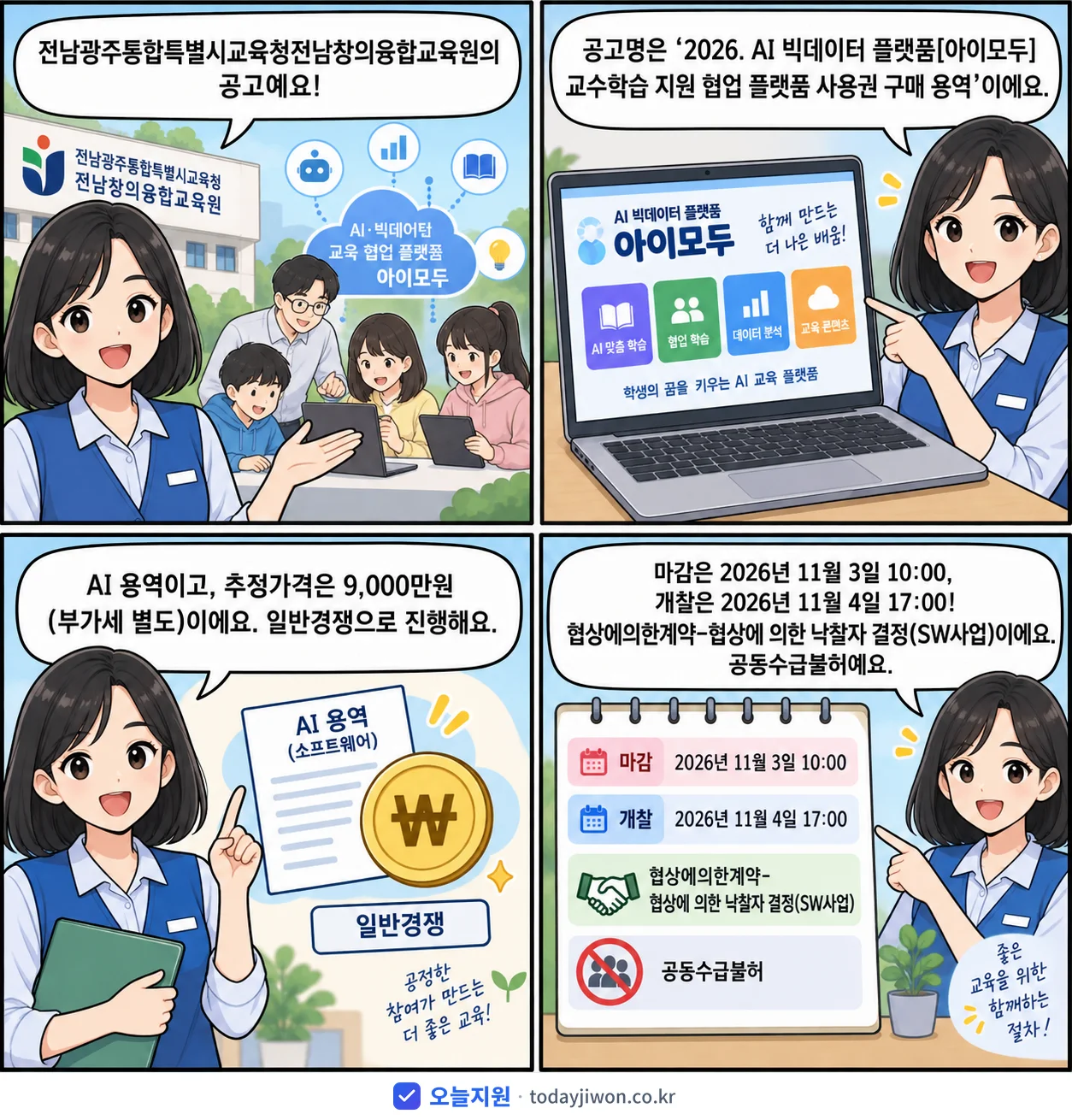 4컷 만화로 보는 공고: 전남광주통합특별시교육청 전남광주통합특별시교육청전남창의융합교육원 '. AI 빅데이터 플랫폼 교수학습 지원 협업 플랫폼 사용권 구매 용역', 추정가격 9,000만원, 입찰 마감 11/3 10:00