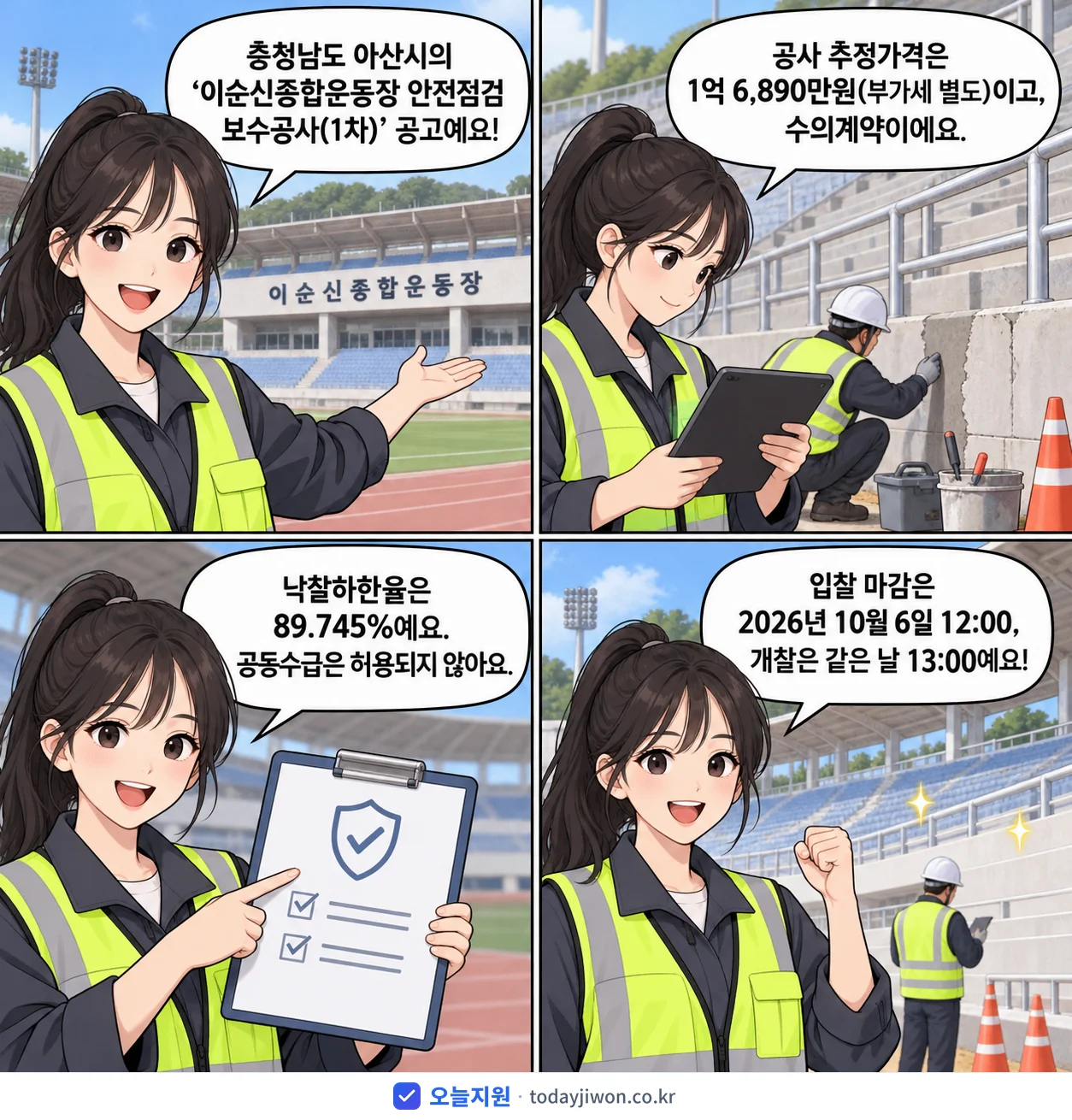 4컷 만화로 보는 공고: 충청남도 아산시 '이순신종합운동장 안전점검 보수공사(1차)', 추정가격 1억 6,890만원, 입찰 마감 10/6 12:00