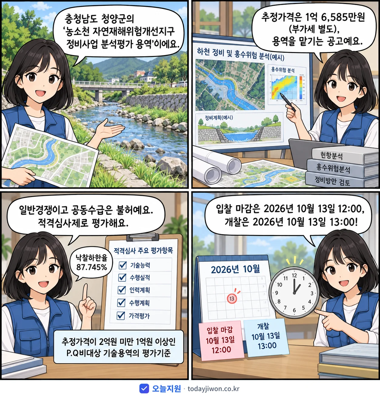 4컷 만화로 보는 공고: 충청남도 청양군 '농소천 자연재해위험개선지구 정비사업 분석평가 용역', 추정가격 1억 6,585만원, 입찰 마감 10/13 12:00