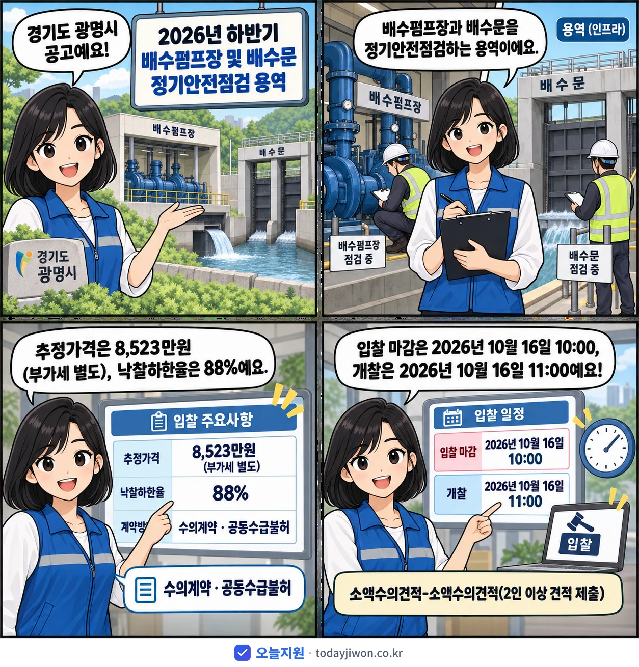 4컷 만화로 보는 공고: 경기도 광명시 '하반기 배수펌프장 및 배수문 정기안전점검 용역', 추정가격 8,523만원, 입찰 마감 10/16 10:00