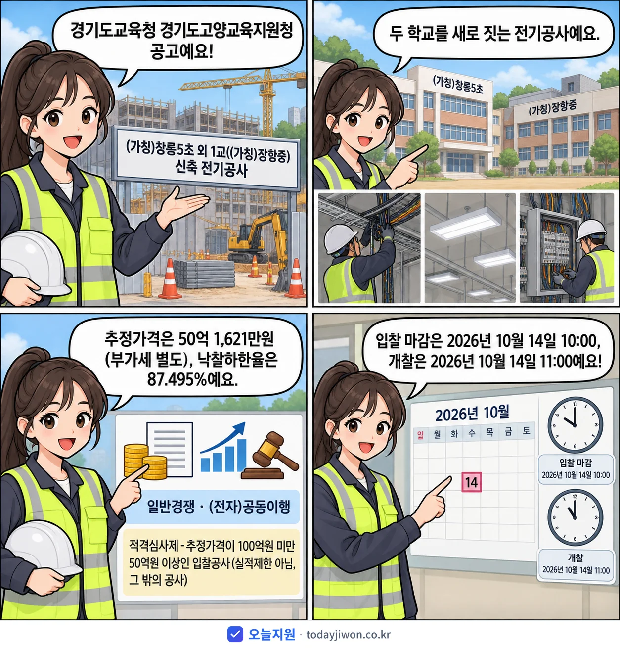 4컷 만화로 보는 공고: 경기도교육청 경기도고양교육지원청 '(가칭)창릉5초 외 1교((가칭)장항중) 신축 전기공사', 추정가격 50억 1,621만원, 입찰 마감 10/14 10:00