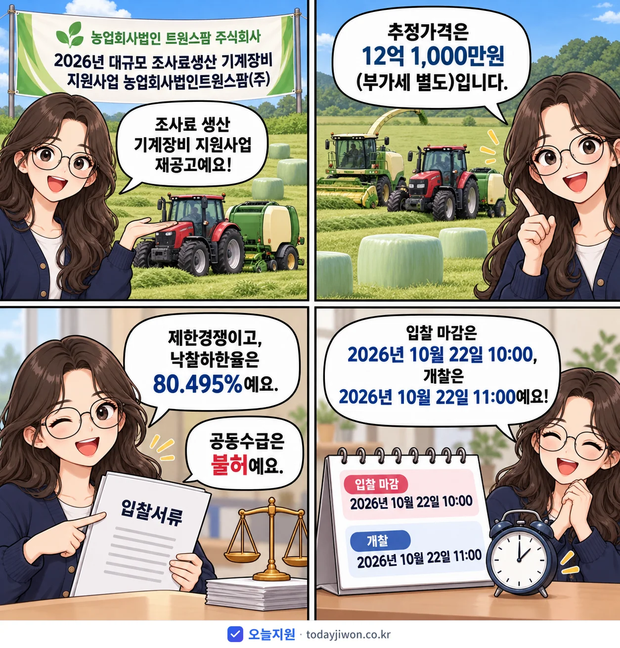 4컷 만화로 보는 공고: 농업회사법인 트윈스팜 주식회사 '대규모 조사료생산 기계장비 지원사업 농업회사법인트윈스팜(주)', 추정가격 12억 1,000만원, 입찰 마감 10/22 10:00