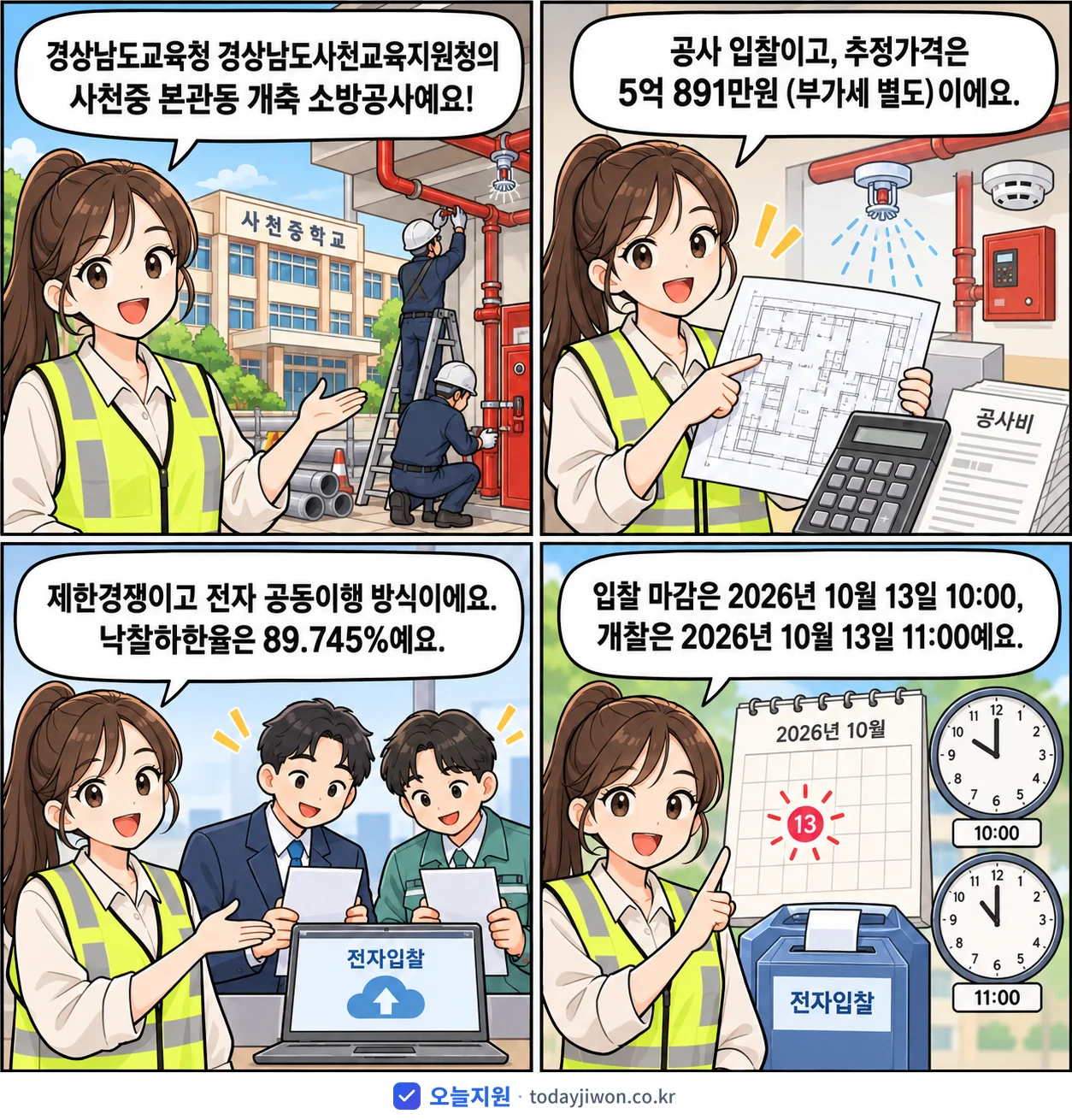 4컷 만화로 보는 공고: 경상남도교육청 경상남도사천교육지원청 '사천중 본관동 개축 소방공사', 추정가격 5억 891만원, 입찰 마감 10/13 10:00