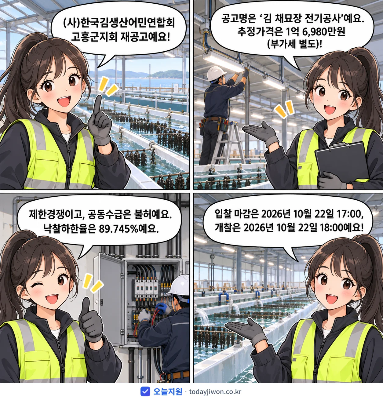 4컷 만화로 보는 공고: (사)한국김생산어민연합회 고흥군지회 '김 채묘장 전기공사', 추정가격 1억 6,980만원, 입찰 마감 10/22 17:00
