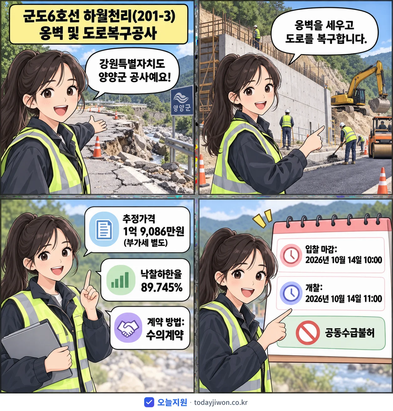 4컷 만화로 보는 공고: 강원특별자치도 양양군 '군도6호선 하월천리(201-3) 옹벽 및 도로복구공사', 추정가격 1억 9,086만원, 입찰 마감 10/14 10:00