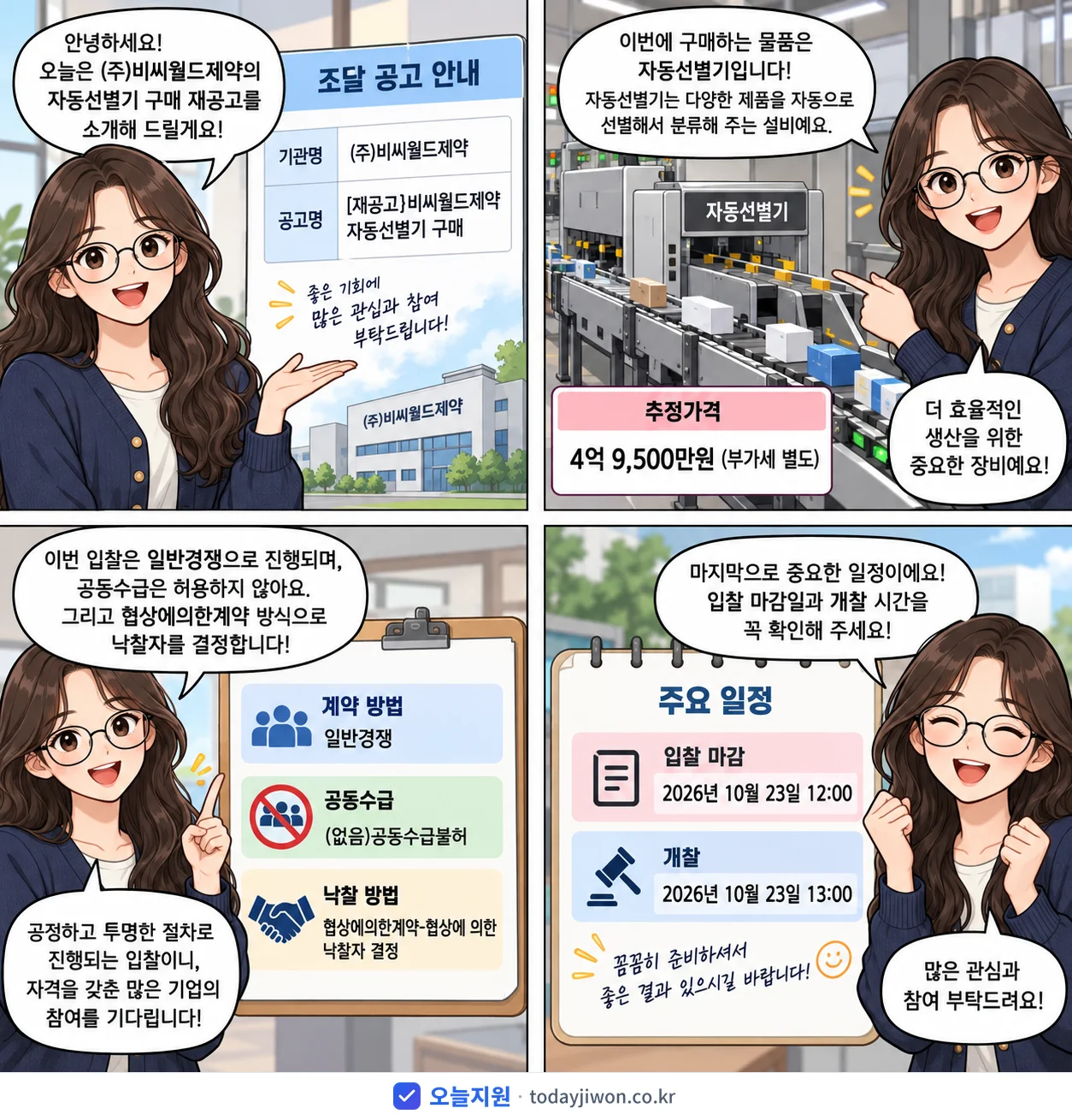 4컷 만화로 보는 공고: (주)비씨월드제약 '[재공고}비씨월드제약 자동선별기 구매', 추정가격 4억 9,500만원, 입찰 마감 10/23 12:00